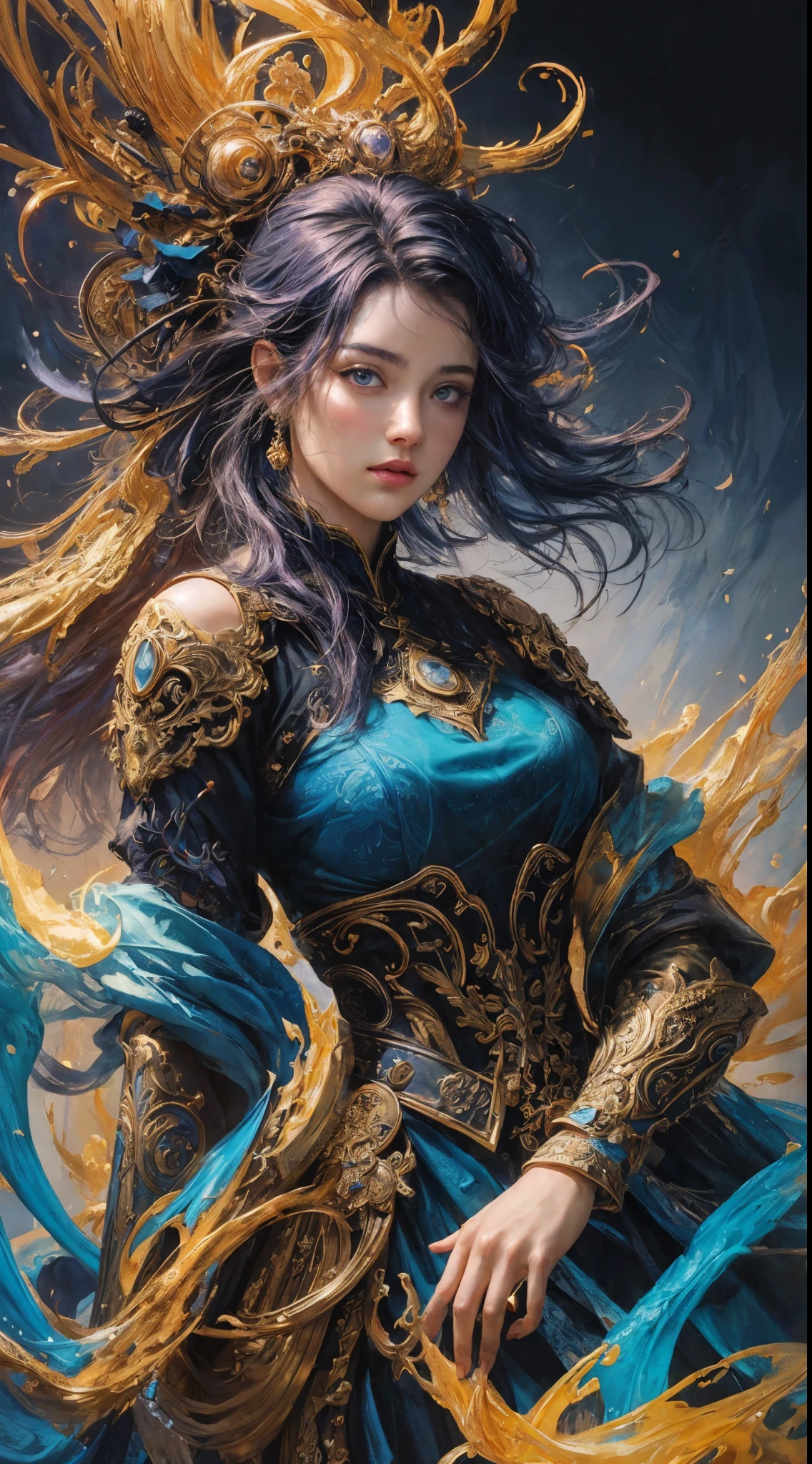 32K，复杂，ellegance，highly  detailed，A majestic，Digital photography，Autumn cowboy shot，surrealism painting，Broken rubies，Beating magic，Entwined water magic，（tmasterpiece，Cinematic light，Fine beautiful eyes：1.2），hdr，Void 5 Energy Storm，(China 1 girl，Black eyes:1.5），paleskin，Glowing skin，(sitting on the stone：1.5），delicated face，Black color hair，Wearing palatial red armor，cropped shoulders，nabel，short  skirt，Beautiful light blue armor，Rained，big breasts beautiful，looking at viewert，Face away from the camera，tmasterpiece，Side upper body,
