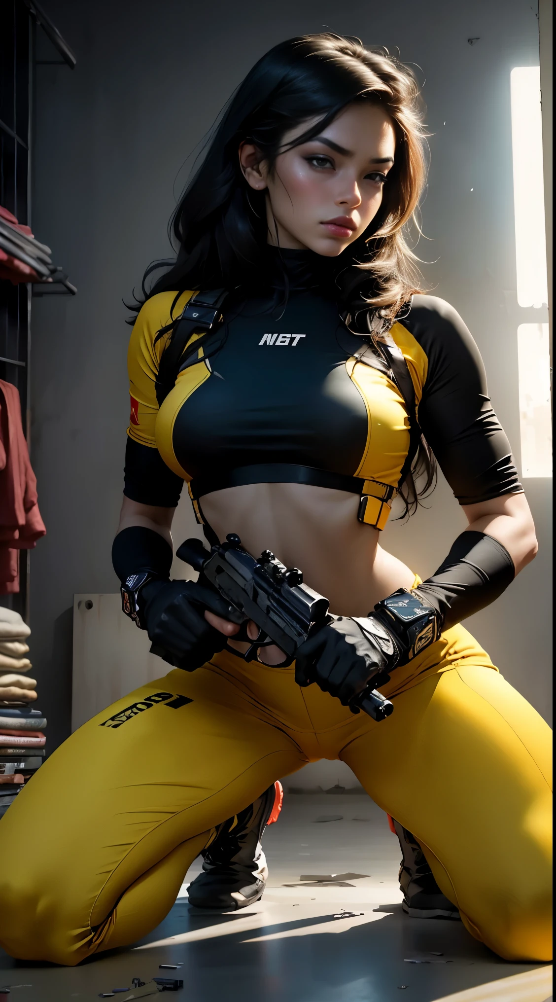motor world,irreal:1.4,CG ultra realista 64K, fotorrealista:1.4, textura de la piel:1.4, obra maestra:1.4,Hermosa mujer con sombrero de pelo largo、holding gun, ak-47, assault rifle, kalashnikov rifle, trigger_discipline, low-ready Ropa corta estilo cyberpunk bike,color amarillo, pantimedias red, sexzy elastic pant, indoor, sexy look,bed room kneeling
