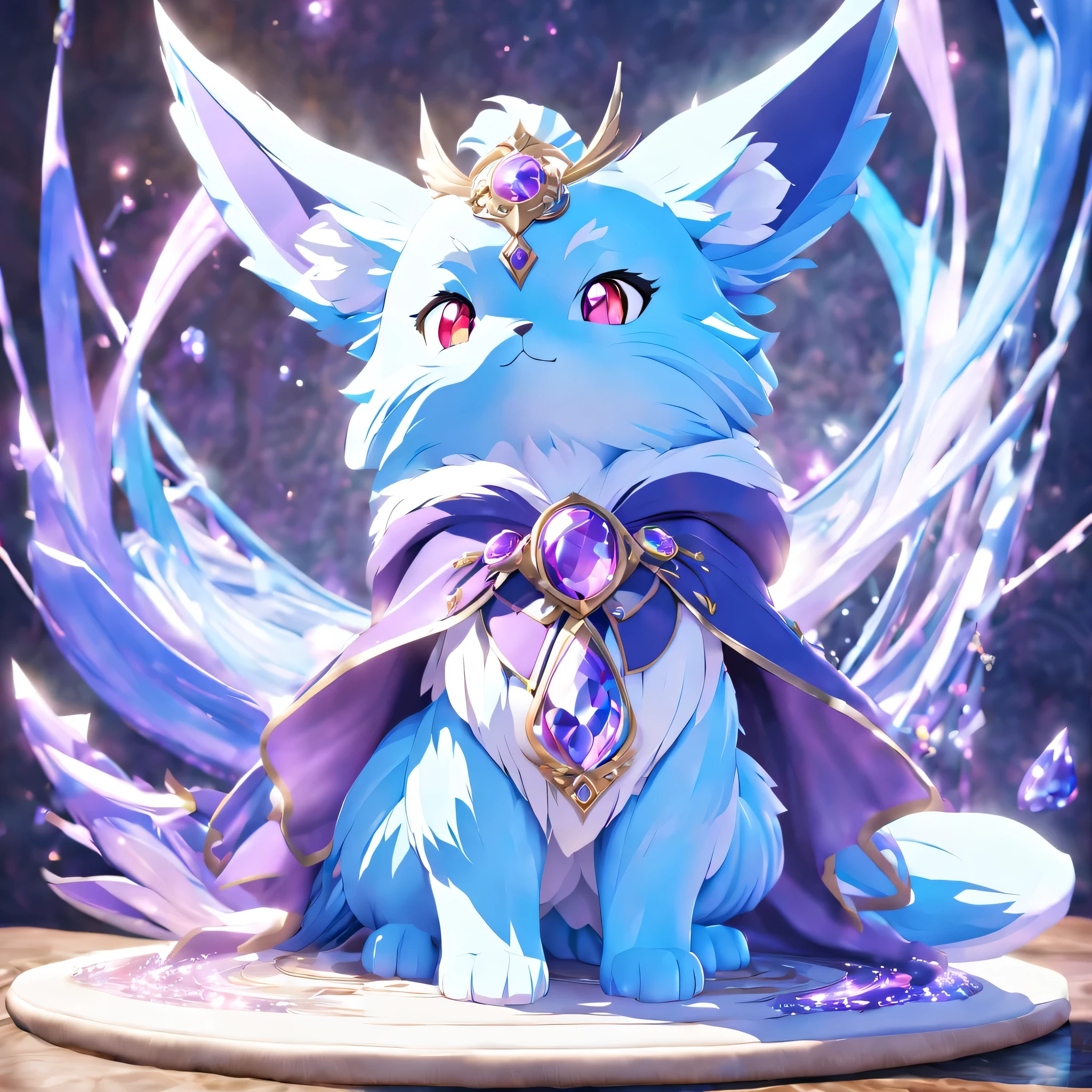 pal world nox,whole body,((blue fur)),(purple short cloak),brooch:head of state:purple gem,animal,cute,red eyes,masterpiece,beautiful light and shadow,Cast colorful spells,rich colors,3D,8K,nice,be familiar with,Night sky background,moon,,magical lights,magic effect