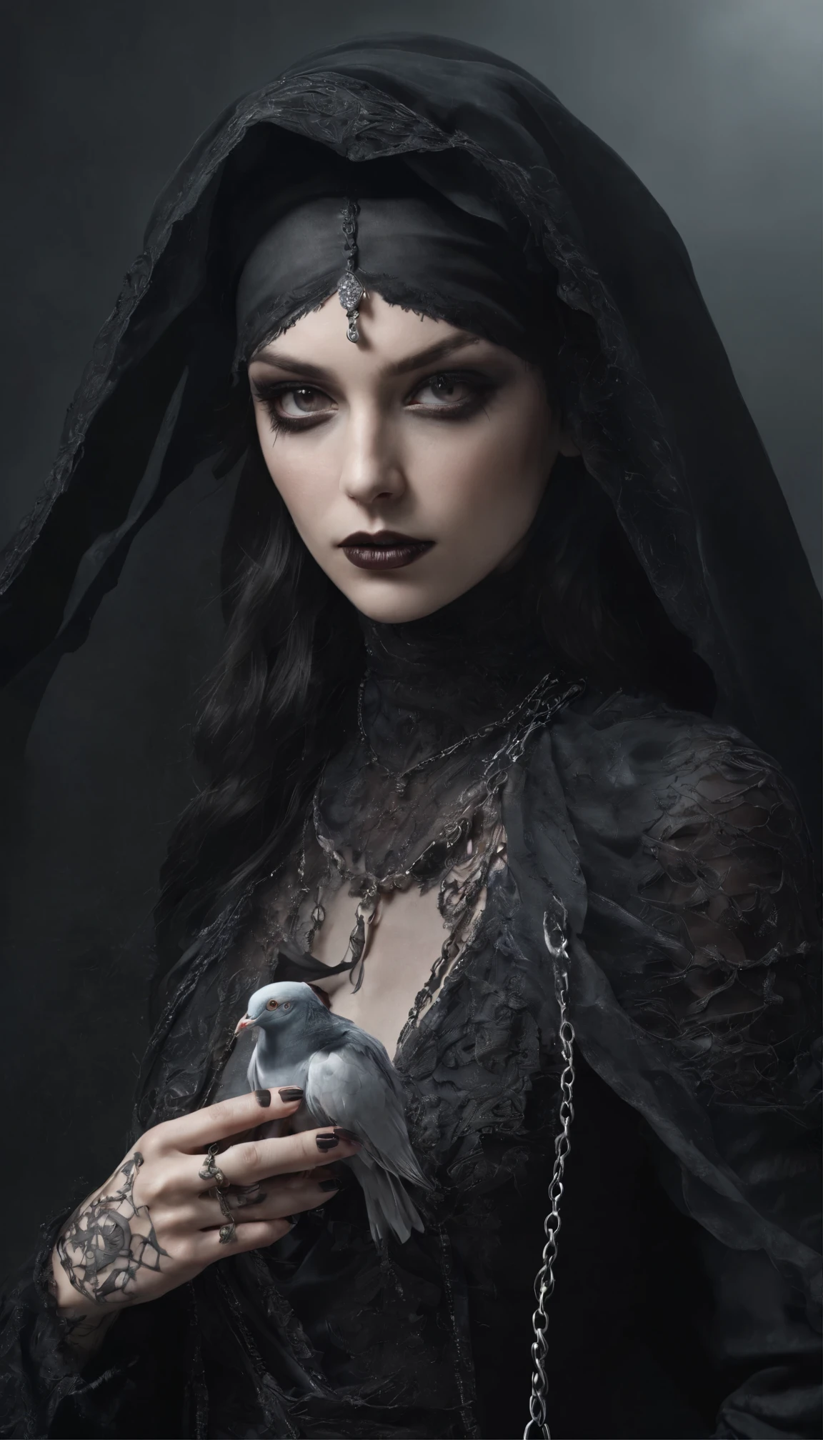 pigeon  with a veil and a chain around her neck, a portrait inspired by Antoni Brodowski, cgsociety contest winner, gothic art, side portrait dark witch, creepy gothic portrait, portrait of a dark witch, gothic aesthetic, dark and horror style, gothic princess portrait, ominous gothic aesthetic, dark fantasy portrait, gothic maiden