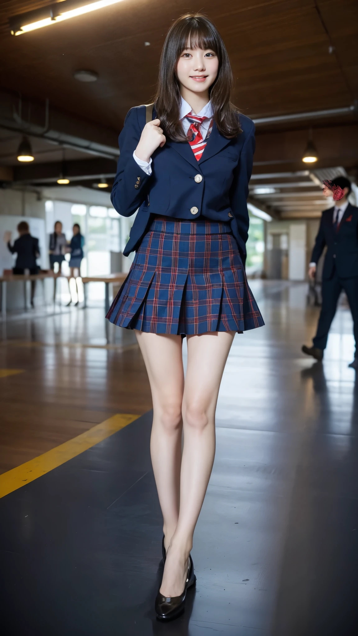 Girl Standing In School Classroom,Red Tie Uniform,Dark Blue Closed Blazer,Blue plaid super super super mini skirt,18-year-old,bangs,a little smile,thighs,knees,from below，random pose，pretty girl，slender girl，Side waves with a short cut，The skirt is too short and you can see the white panties，