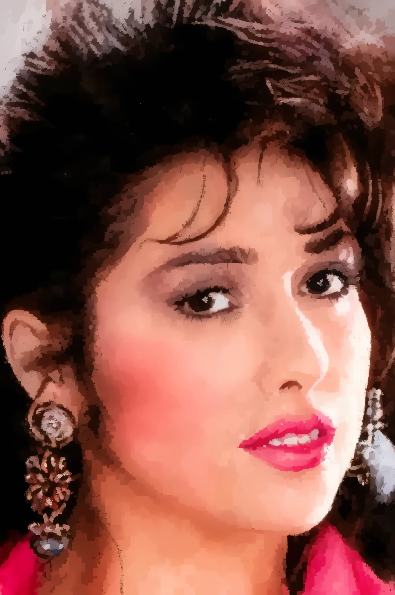 a close up of a woman with a pink shirt and earrings, movie scene portrait closeup, salma hayek portrait, looking left, portrait of penelope cruz, in a oil painting style, digital art - w 640, inspired by T. K. Padmini, sean young, #1 digital painting of all time, # 1 digital painting of all time