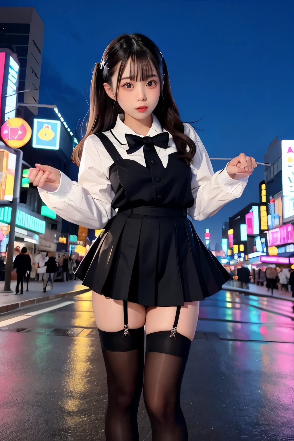 high angle shot、center view、A woman standing on a neon street at midnight、Phenomenally cute 、japanese girl uniform、summer clothes、Microminiskirt、urreal 、loafers、She wears black tights that show a little bit of skin.、black tights、Japanese high school 、Nogizaka Idol、Plump thighs、Full body Esbian、garter belt、garter ring、leg garter