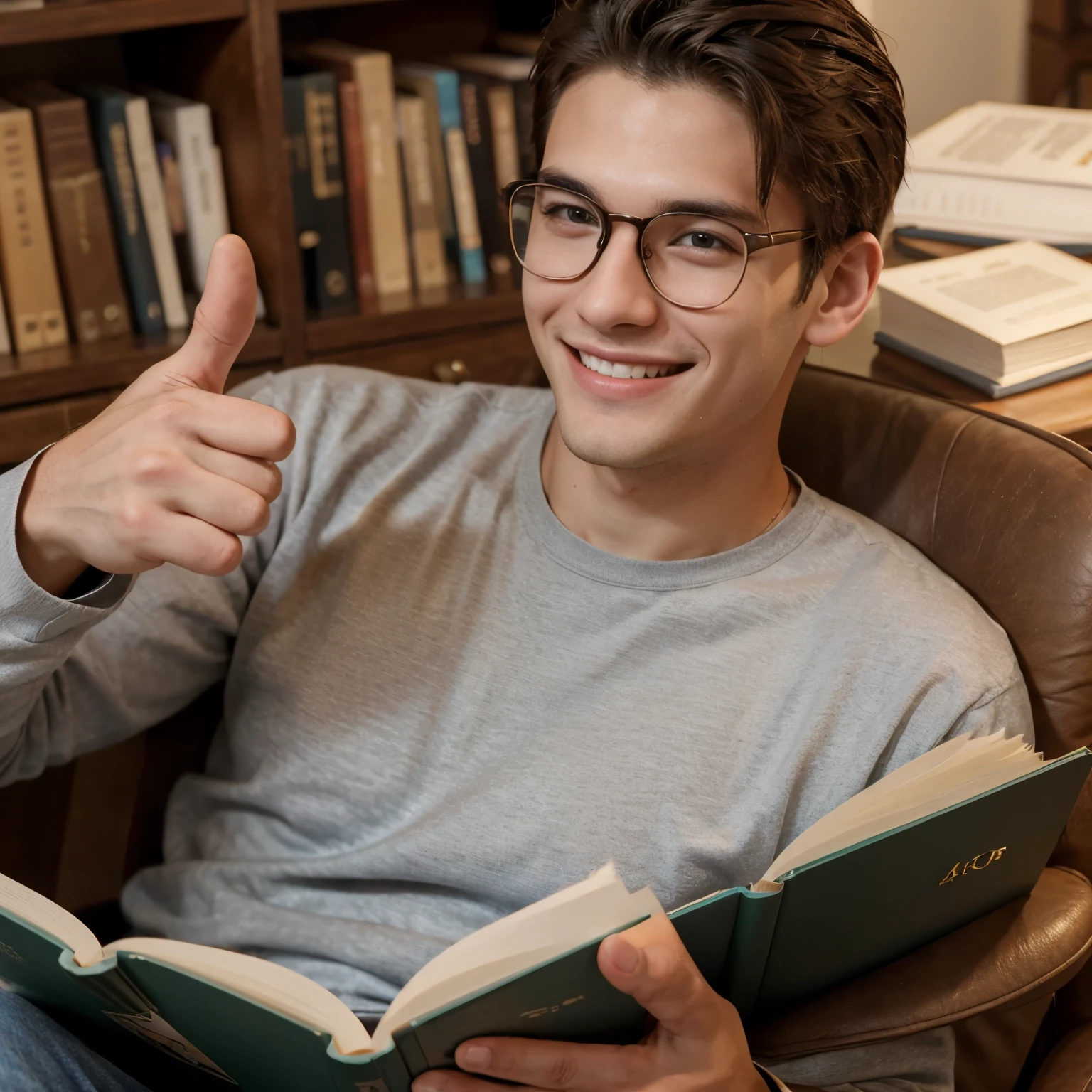 a 22 year old highly successful man with a perfect jawline, smiling, very beautiful, showing thumbs up, wearing glasses, reading a book , ultra realistic, zoom out, wide angle shot, 4k, highly detailed.