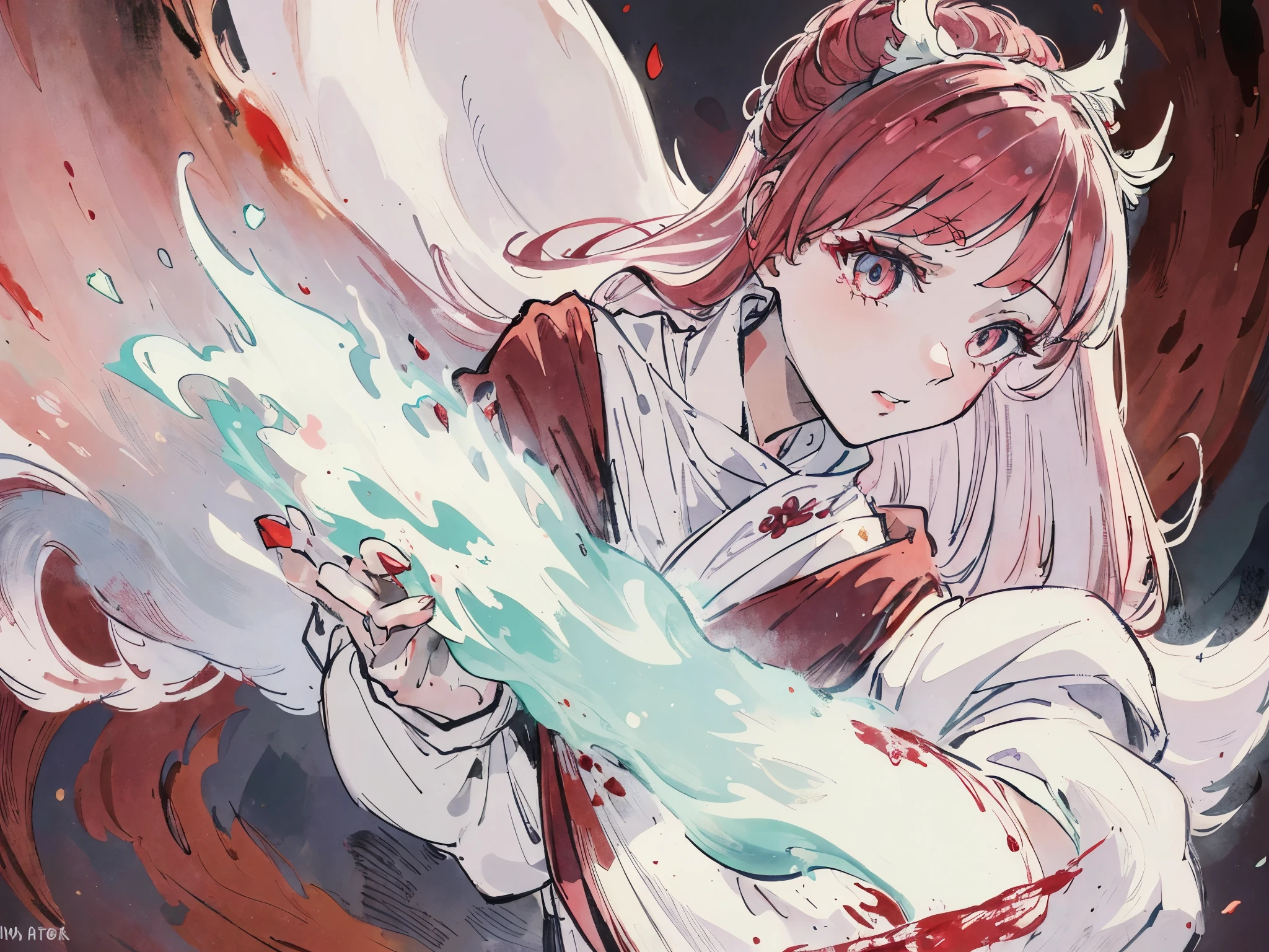 Virtuous person, goddess of life, blood mist, Forest green hair, Amber eyes, pinkish white skin, wearing a white dress stained with red blood, surrounded by a blood cloak, anime girl, Fog, medieval