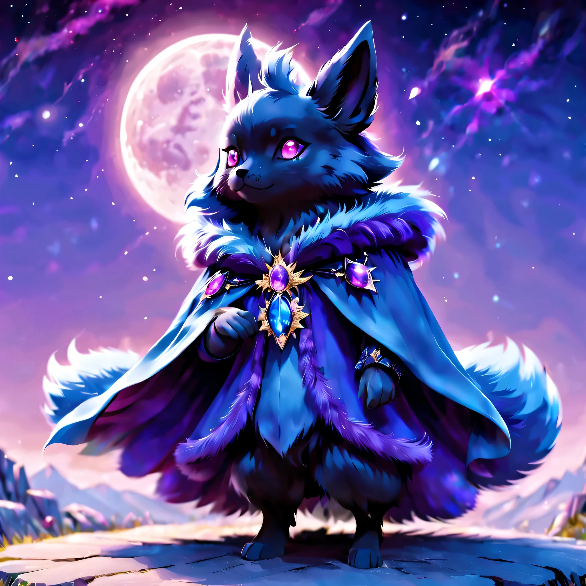 pal world nox,whole body,((blue fur)),(purple short cloak),brooch:head of state:purple gem,animal,cute,red eyes,masterpiece,beautiful light and shadow,Cast colorful spells,rich colors,3D,8K,nice,be familiar with,Night sky background,moon,,magical lights,magic effect