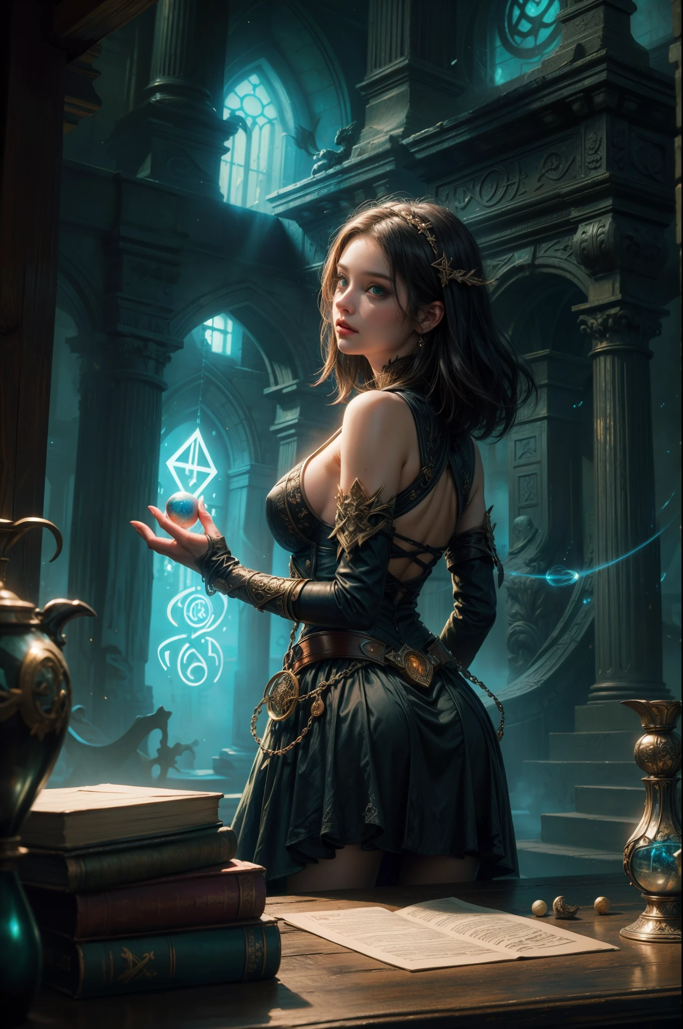 high details, best quality, 16k, [best detailed], masterpiece, best quality, (extremely detailed), a view from the rear (best details, Masterpiece, best quality), photorealistic, fantasy art, RPG art, a picture of a human sorceress sittings in her magical lab, opening a magical portal , with magical runes, on it, looking into the heavens, epic beautiful human woman (best details, Masterpiece, best quality), ultra detailed face (best details, Masterpiece, best quality), black hair, short hair, green eyes, dynamic dress (best details, Masterpiece, best quality), magical library, with many books, and magical runes and wards, glowing arcane sigils GlowingRunes_paleblue, crystal ball (best details, Masterpiece, best quality) on table, runes on crystal balls GlowingRunes_yellow, fantasy magical library background (best details, Masterpiece, best quality)
