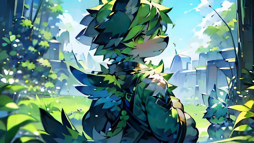 (Super detailed), (masterpiece), (best quality),A wolf covered in light grass green,Kakapo,There is a pair of green bird wings on the back,