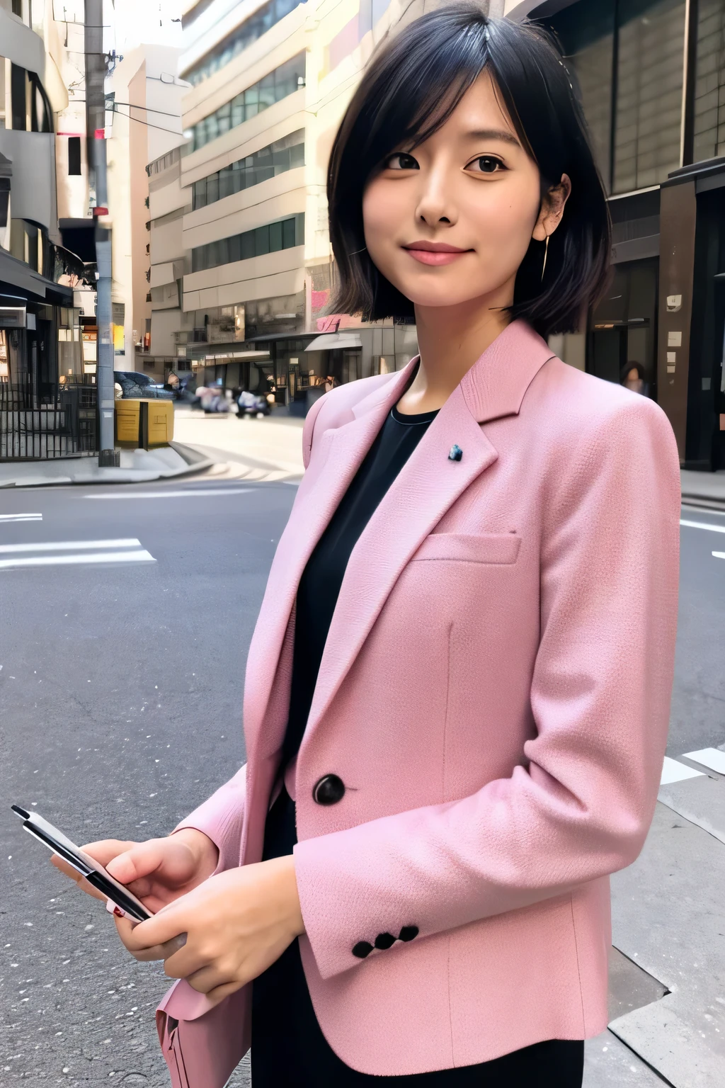 30generation、japanese woman、beautiful reporter、with notebook and pen in hand、black hair short cut、suit、pink shirt、Marunouchi Business District、daytime