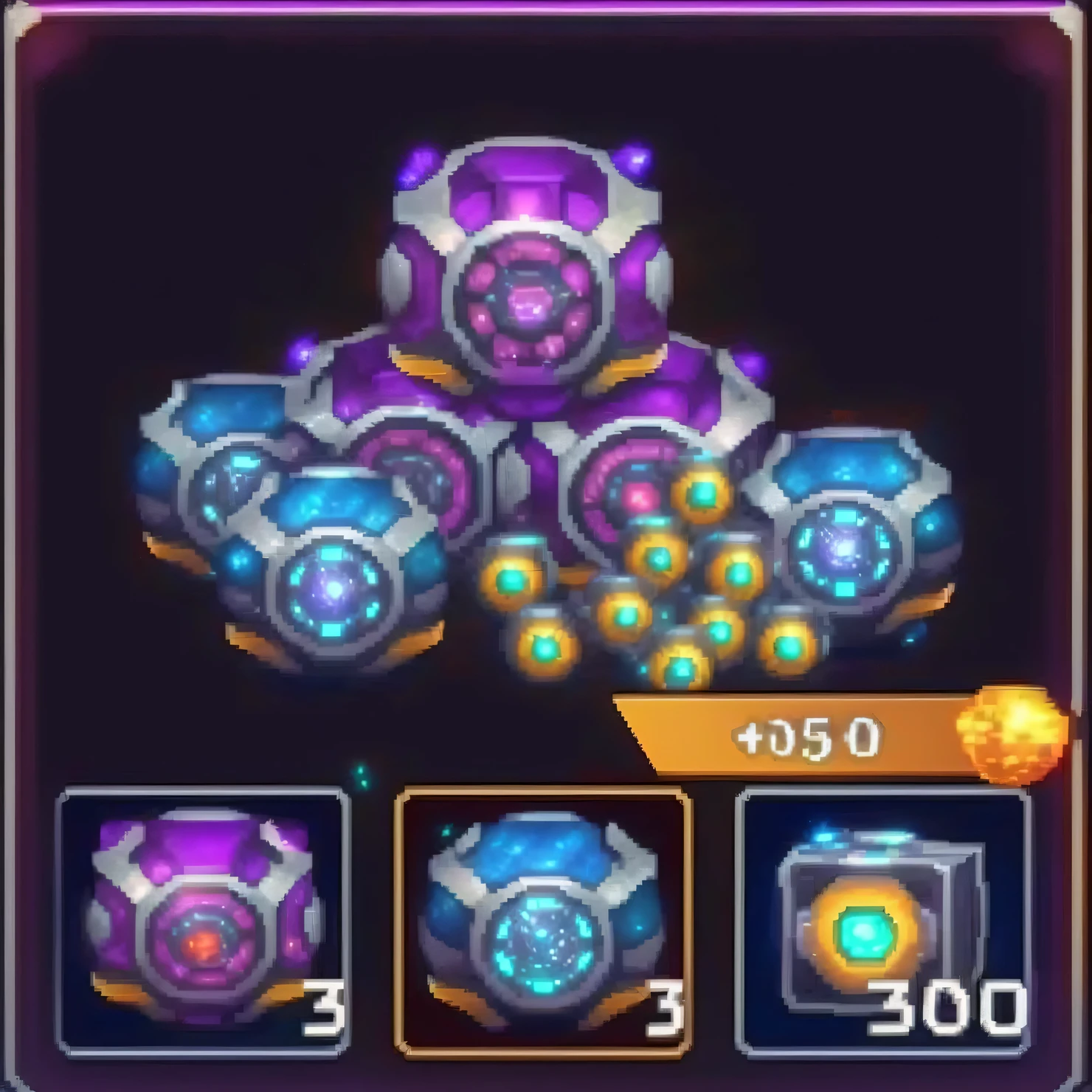 screenshot with a bunch of different items in the game, duelist style, purple glowing core in armor, energy sector, backscatter spheres, Glowing Balls, Lens balls, Sphere of Agamento, Gear Aurora, steal armor, Arcane Bomb, destructible environment, turrets, Glowing Balls