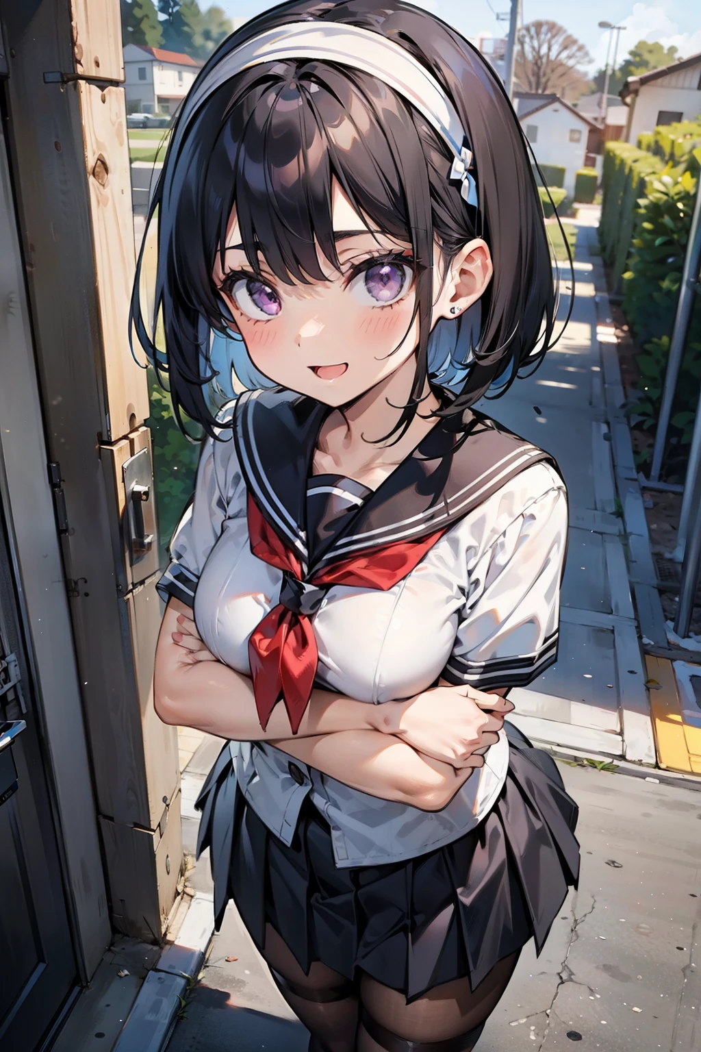 body 8 times longer than head, (Highly detailed CG unity 8k), (highest quality)，(very detailed)，(ultra high resolution), black hair, High school girl wearing a navy sailor suit, Anime 2D rendering, realistic young anime high school girl, ((White headband)), purple eyes, small breasts, tall, slanted eyes, (school scenery), black stockings, bright color, open your mouth, Dark blue skirt, bob cut, position looking down from above, Face upwards, smile, hug, 