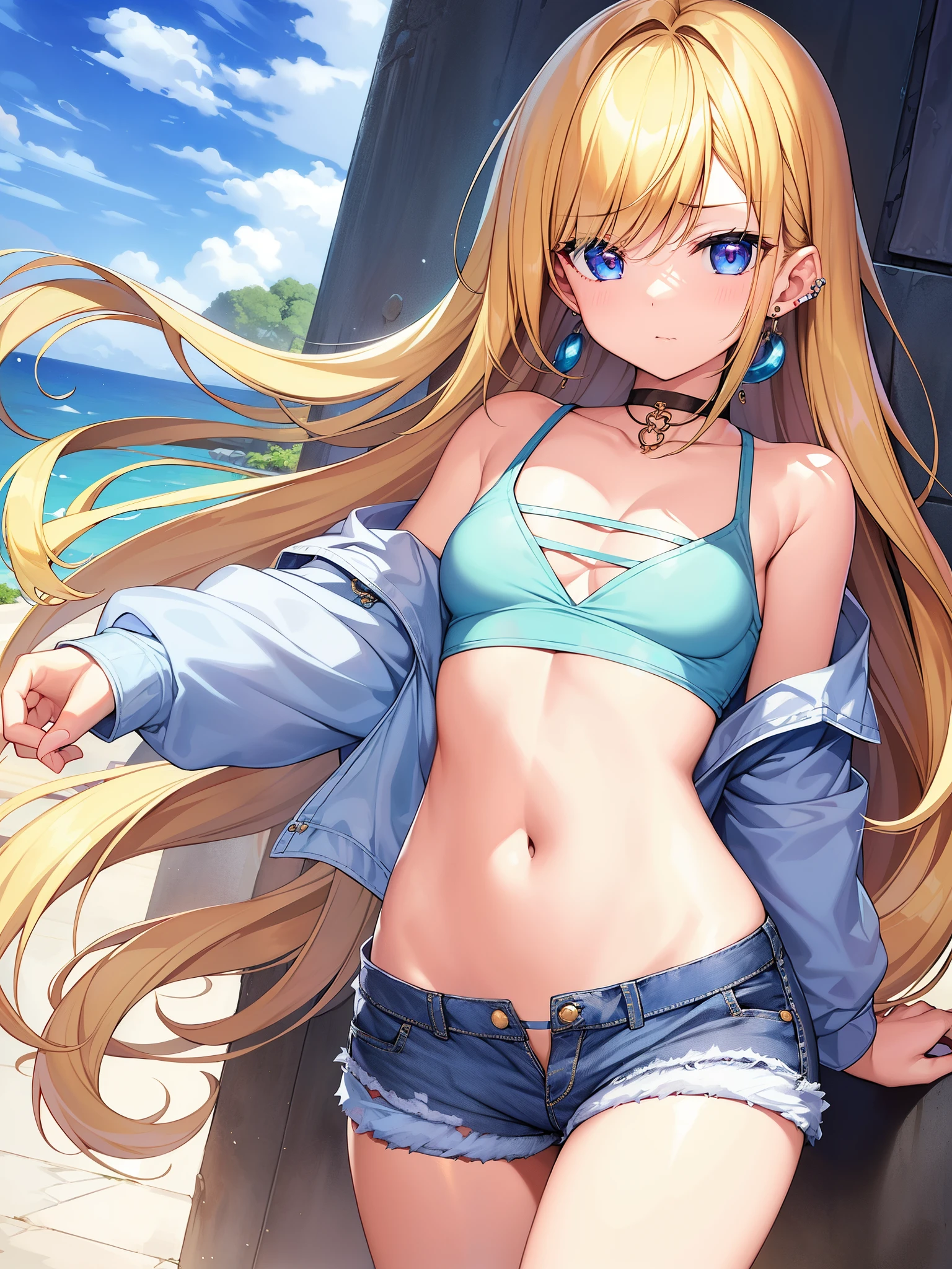 Neocoil、masterpiece、highest quality、1girl、solo、chest、Underbob、shorts、denim、earrings、blonde hair、gem、denimshorts、abdomen、real、long hair、crop top、medium breasts、フープearrings、shorts、belly button、lips、青いshorts