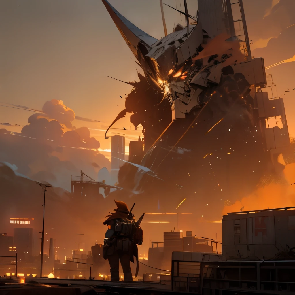 倒在ruins里的Titan,Titan,Run-down city, battlefield, ruins, Gunsmoke fills, broken giant, orange sky, dust, radiation, starry, from below, Wide-angle lens, Cinema lighting, vague, super wide angle, best quality, 8k