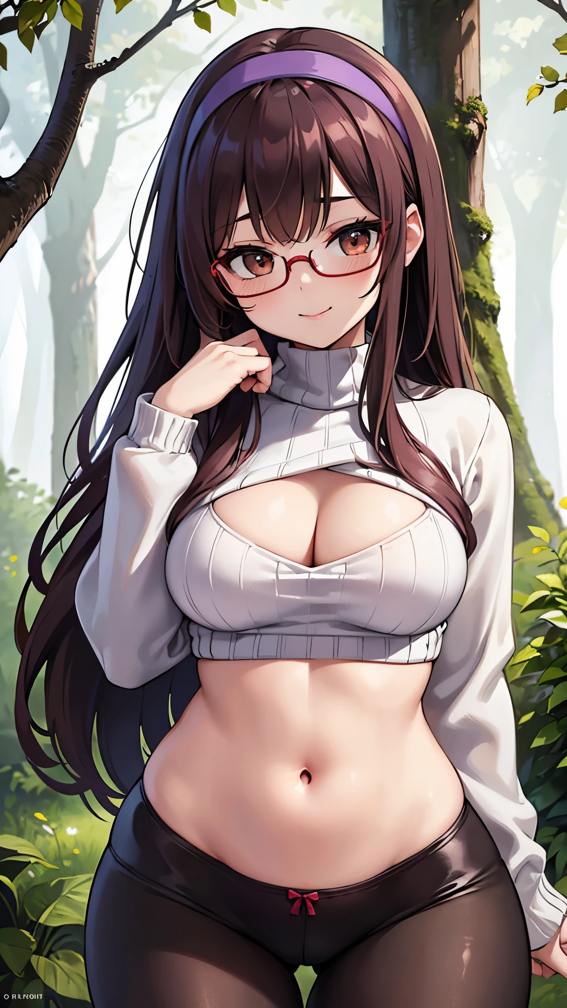 (masterpiece), (realistic), (best quality), (ultra-detailed)(best quality:1.4),(((ultra-detailed))) Beautiful girl with white skin in leaf bed in the woods, sweater with a big cleavage, clothes with dark colors, Dark red sweater natural medium , medium ass, big hips, little smile, sexy body, fit body, sexy pose, provocative face, provocative eyes, tender look, tender. brown eyes, square glasses, brown long hair, pulling down her clothes, showing purple and red lace underwear, purple hairband, black sport leggins.