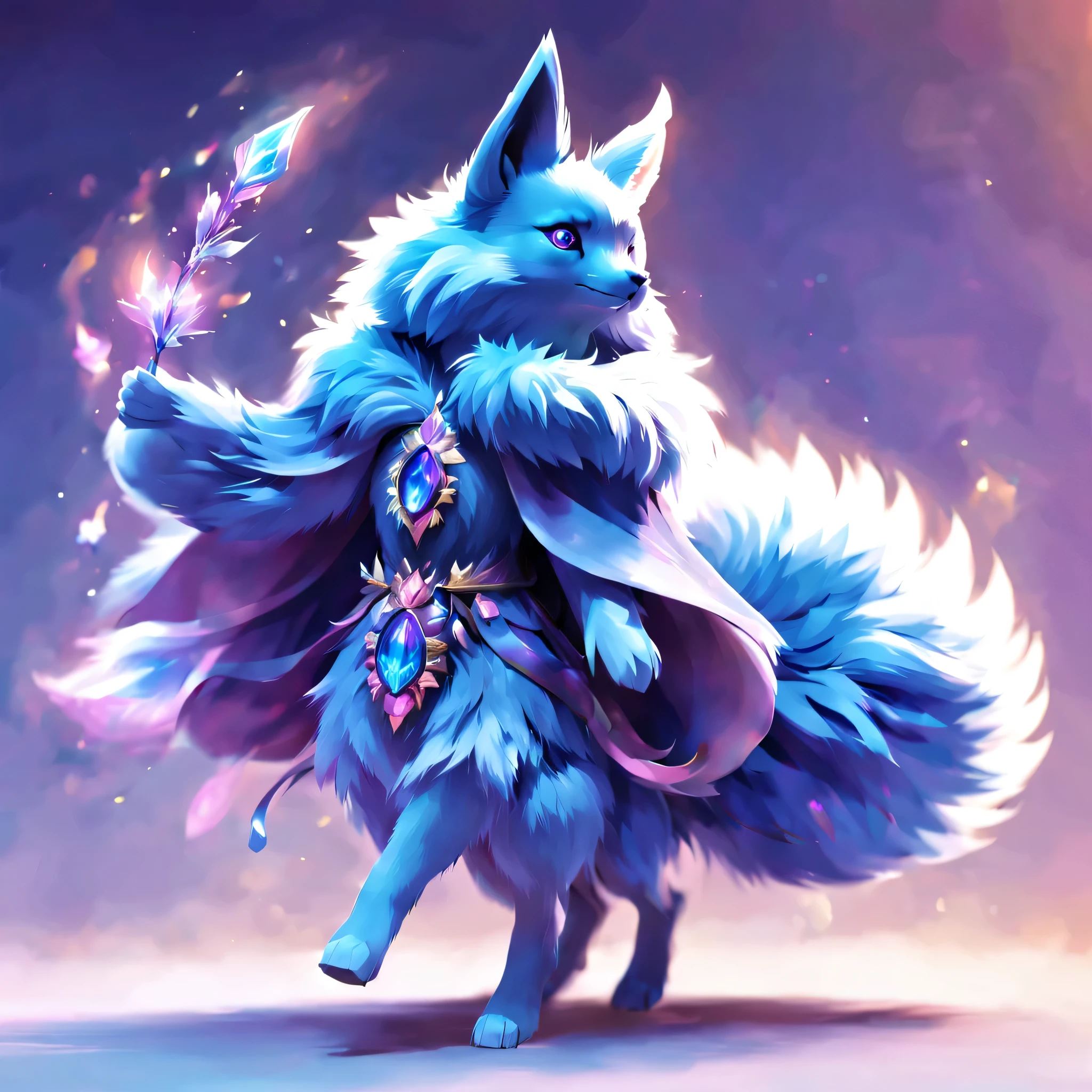 pal world nox,whole body,blue fur,personification,bipedal walking,masterpiece,beautiful light and shadow,Cast colorful spells,rich colors,3D,8K,dream-like,fantasy