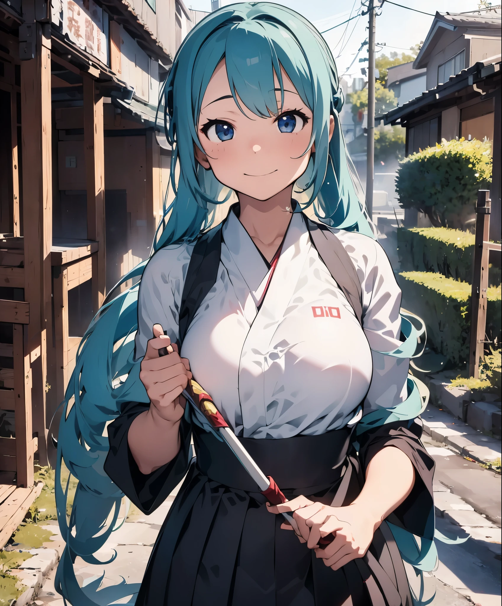(masterpiece), (highest quality), ultra high resolution, sharp focus, ((1 female, alone)), Upper body, Hatsune Miku,beat the Japanese drum,hakama,Sarashi,Standing in honor, perfect feminine face,stage,beautiful breasts,A sly smile