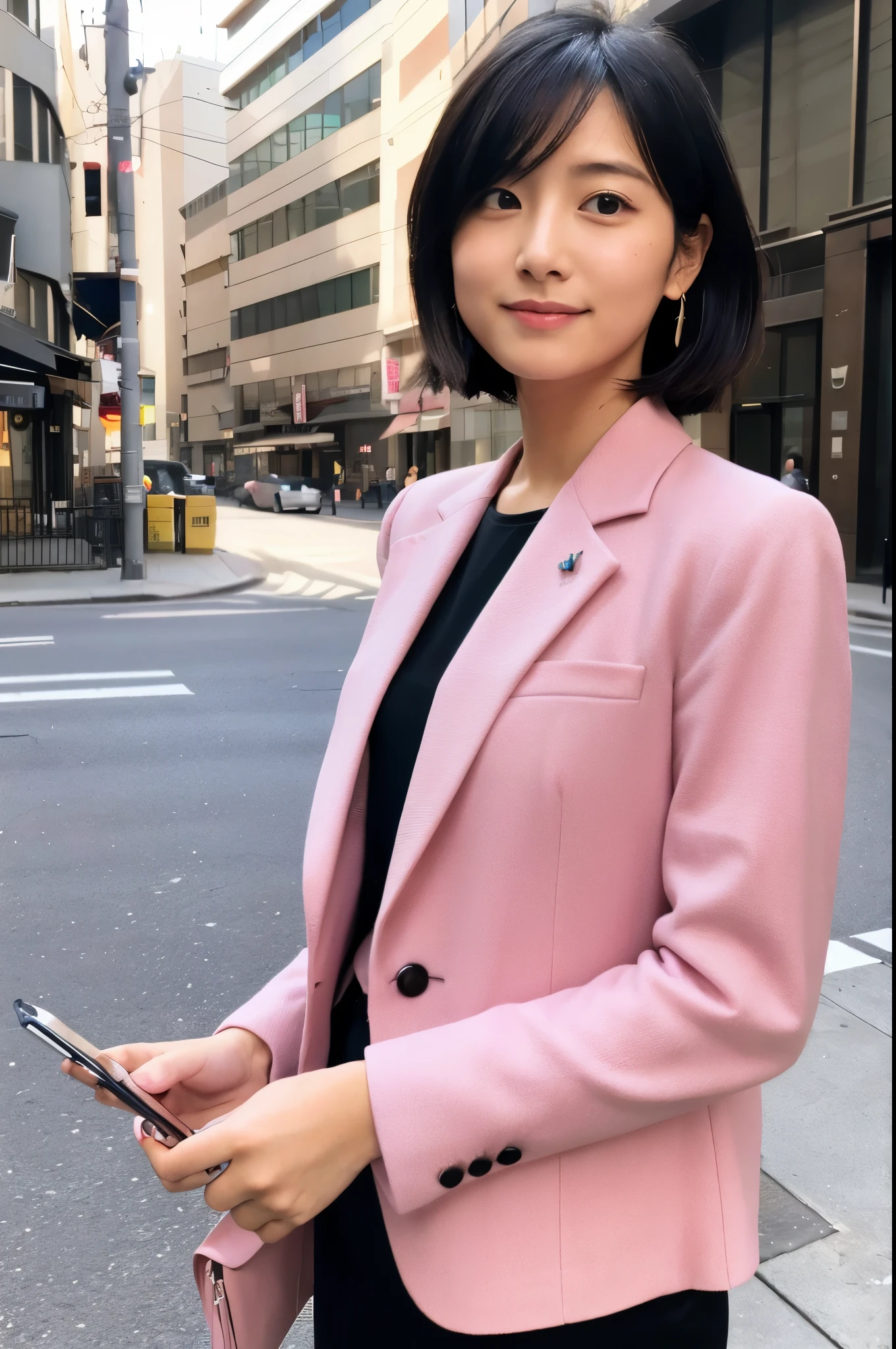 30generation、japanese woman、beautiful reporter、Writing articles、black hair short cut、suit、pink shirt、Marunouchi Business District、daytime