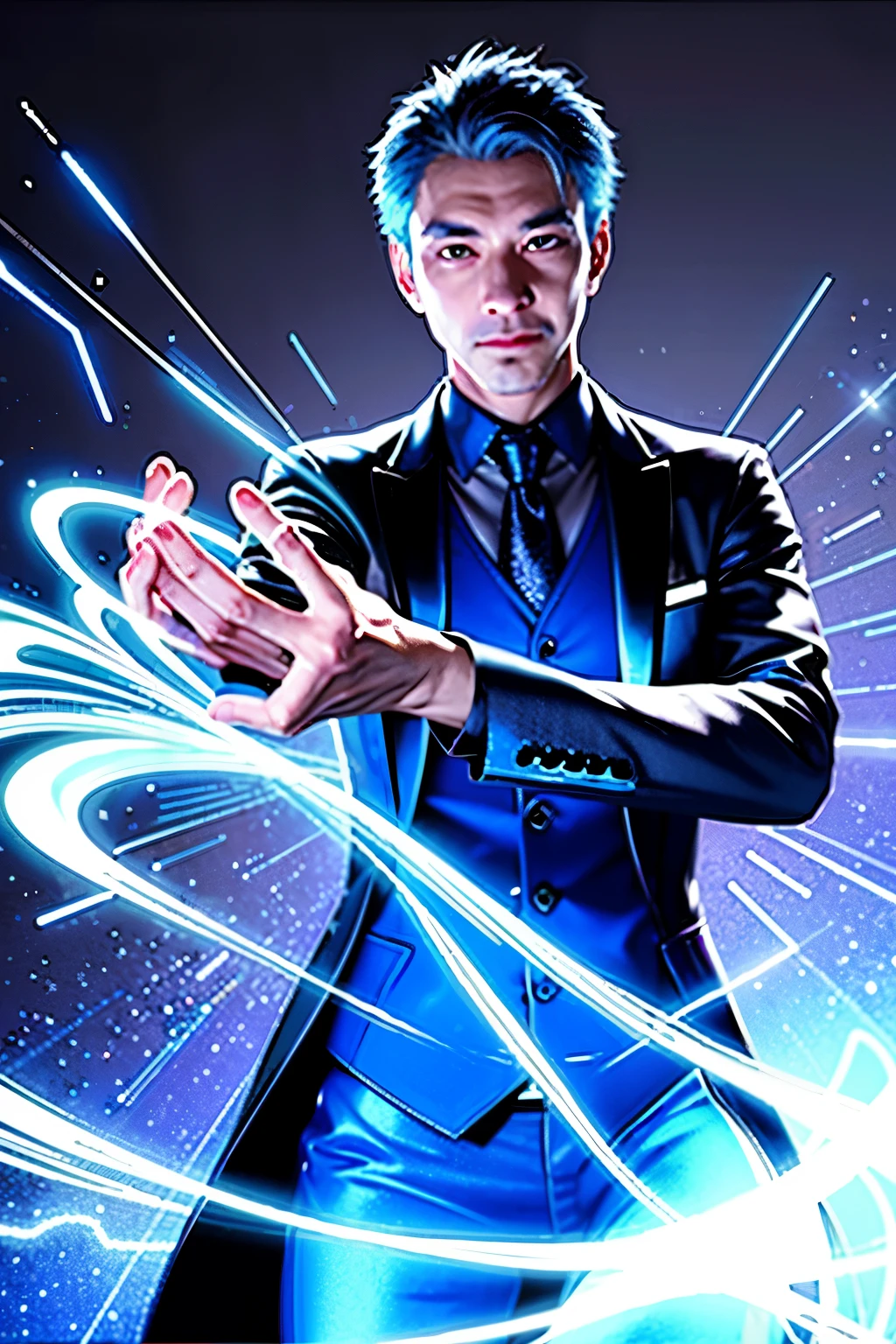 Magician with electricblue light in his hands, casting a 3D spell in a 9:16 aspect ratio, a scene straight out of a fantasy universe, his magic hands sparkling with electricity, glowing to illuminate the darkest corners, a modern twist on ancient magic, a mesmerizing spectacle to behold.