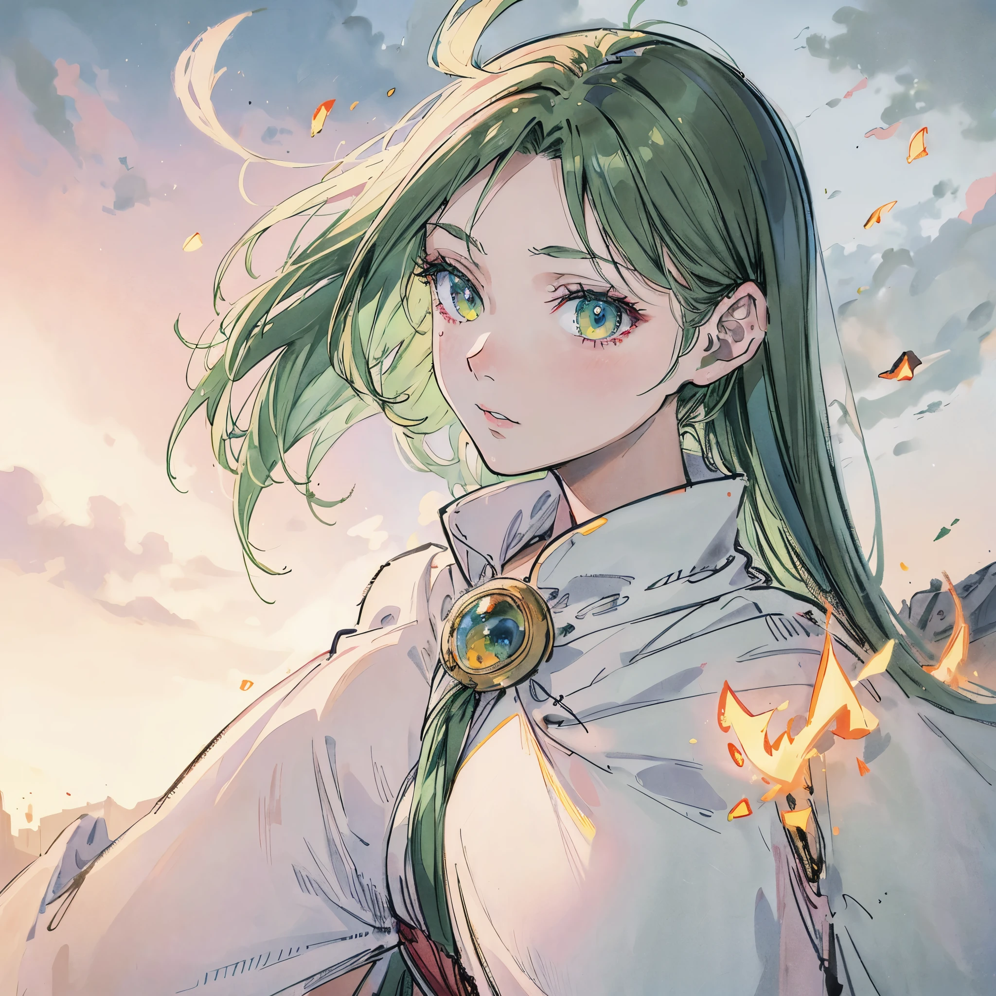 Virtuous person, green hair, Amber eyes, hero, pinkish white skin, anime girl, Fog, medieval, 1 girl, Europe