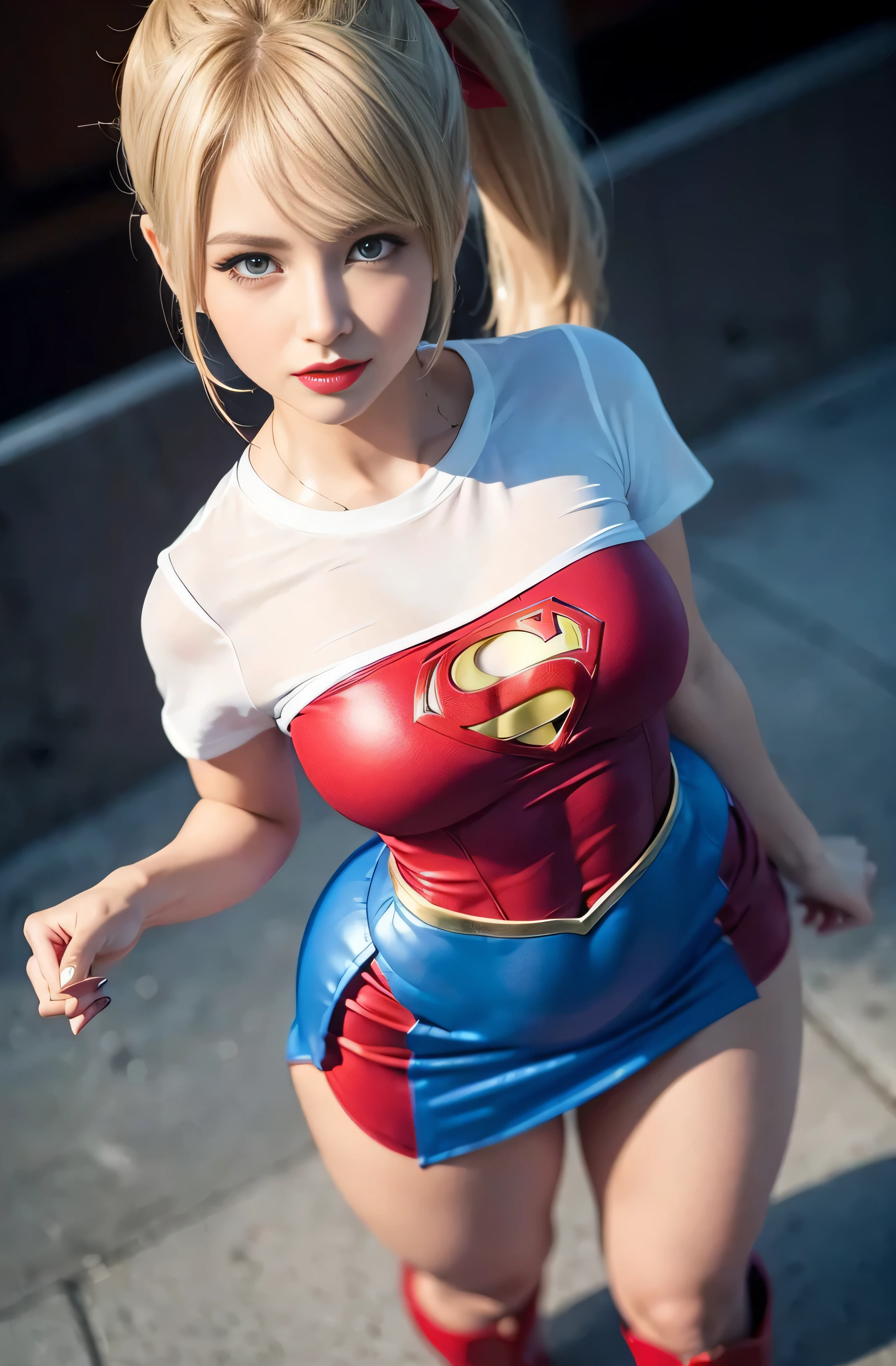 4k, realistic, charismatic, very detailed, there is a girl in the sky, dressed in a super girl costume, she is a super girl, superhero theme, blonde short hair, ponytail, 20 years, full body, (detail in the eyes), (detail in the face), incredibly beautiful, blue eyes, blush, makeup, ((red lipstick)), ((miniskirt)), (wide hips),  (thick thighs), small breasts, dress,, seductive pose, (extreme hourglass figure), thin, svelte, white skirt, boots, ((tight t-shirt))