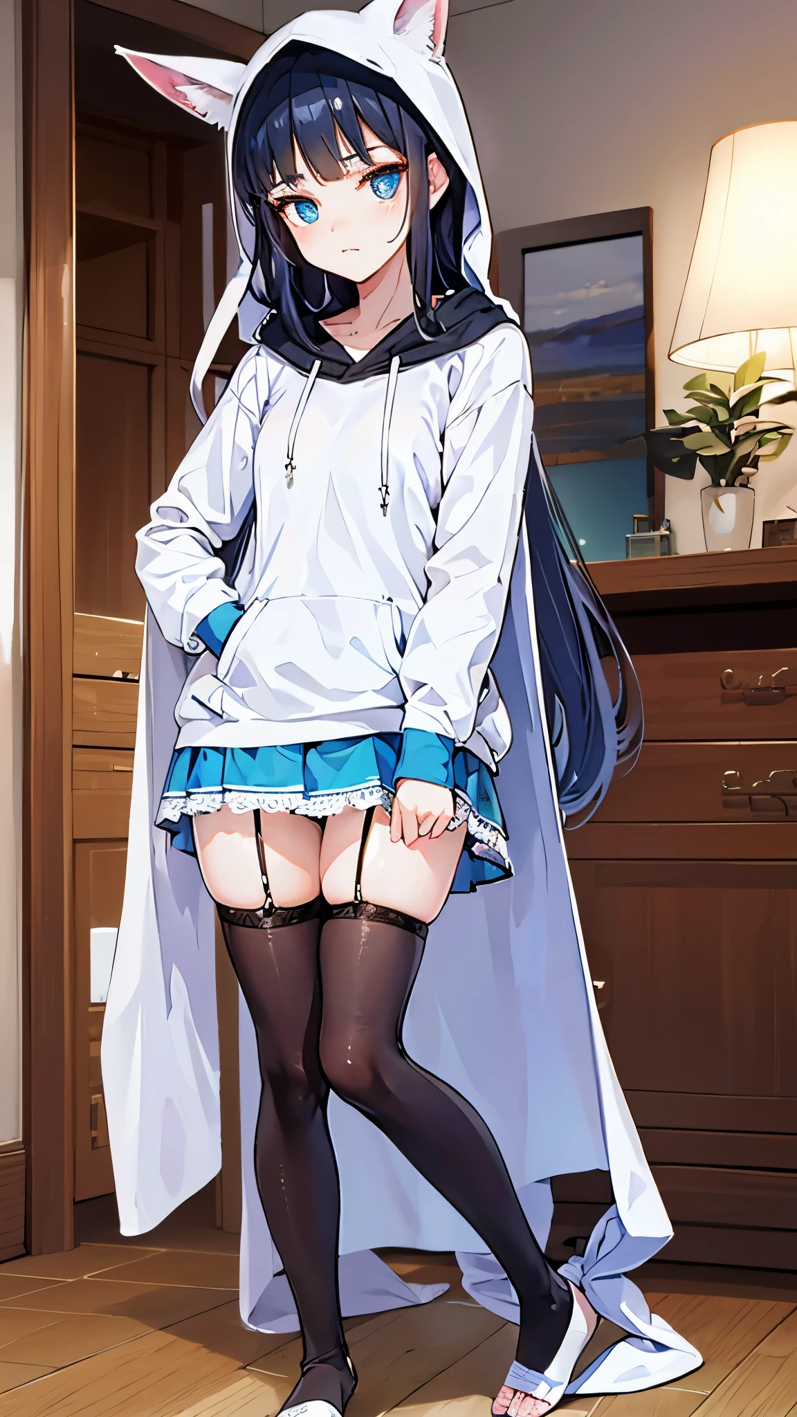 best quality,highly detailed,ultra-detailed,incredibly_absurdres,an extremely delicate and beautiful girl,beautiful detailed glow,ultra-detailed,beautiful and delicate water,extremely_detailed_eyes_and_face,{{{expressions}}},{long hair},Skirt,black silk stocking,hoodie ,JK,{slippers},hood,small breast,adorable girl,student,sigh,annoyed,frown,head tilt,{stretch}