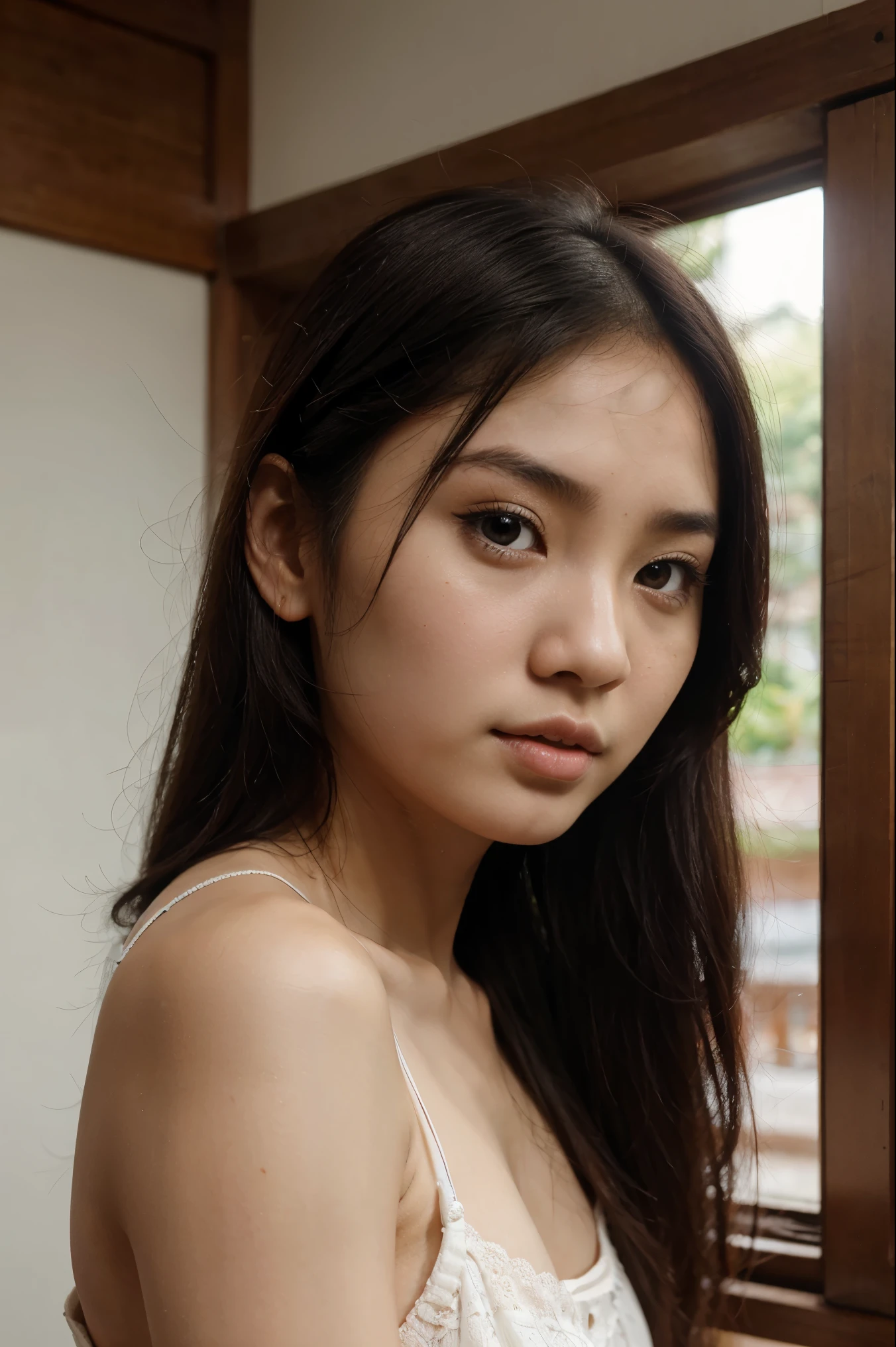 Indonesian girl, beautiful, pale skin, sharp nose, small nose, v chin, cute face, pretty face