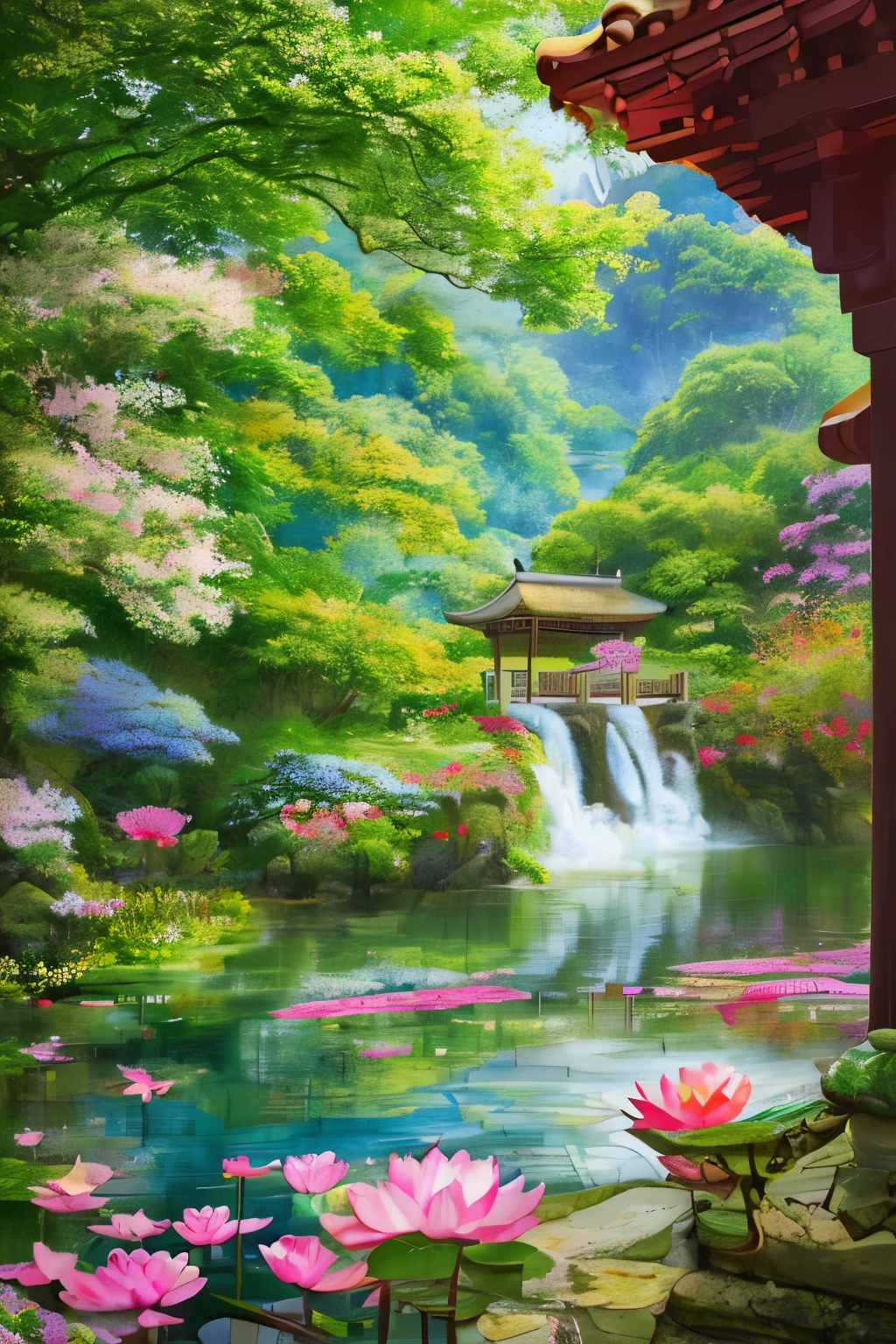 Oil painting masterpiece of a tranquil Asian landscape, bathed in pastel hues, with an abundance of delicate flowers in bloom. The picture boasts the highest quality and realism, meticulously capturing every intricate detail. The scene is set before ancient temples and serene ponds, their reflection shimmering in the still water.
Traditional Chinese sensibilities are further evoked by the use of calligraphy brushstrokes and phoenix patterns, reflecting the rich history and culture of the region. In the foreground, a gradual progression of lotus blossoms, peonies, and cherry blossoms gracefully unveil their vibrant