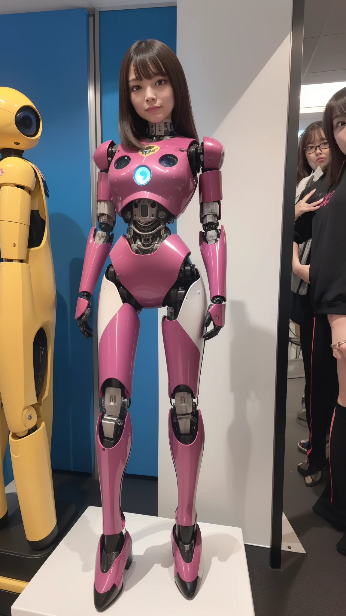 (Photorealsitic:1.4)、one robot woman、(top-quality)、(hyperdetailed face)、(Super well-formed face)、(Robot Parts)、(Female-Robot)、(25 years-old)、(Blue)、(pink there)、(Burgundy)、(metallic)、(full-body)、(sexy pose)、(Slender body)、(Model body type)、(full body mech)、(mechanical exposure)、(Akihabara)、(is looking at the camera)、(A dark-haired)、(Well-proportioned lady)、(a small face)、(a small head)、(well-groomed fingers)、(Idol)、(front facing)、(Standing with legs open)、(Photo session)、(Looks sad)、(perfect-female-robot)、(perfect-mechanical-body)