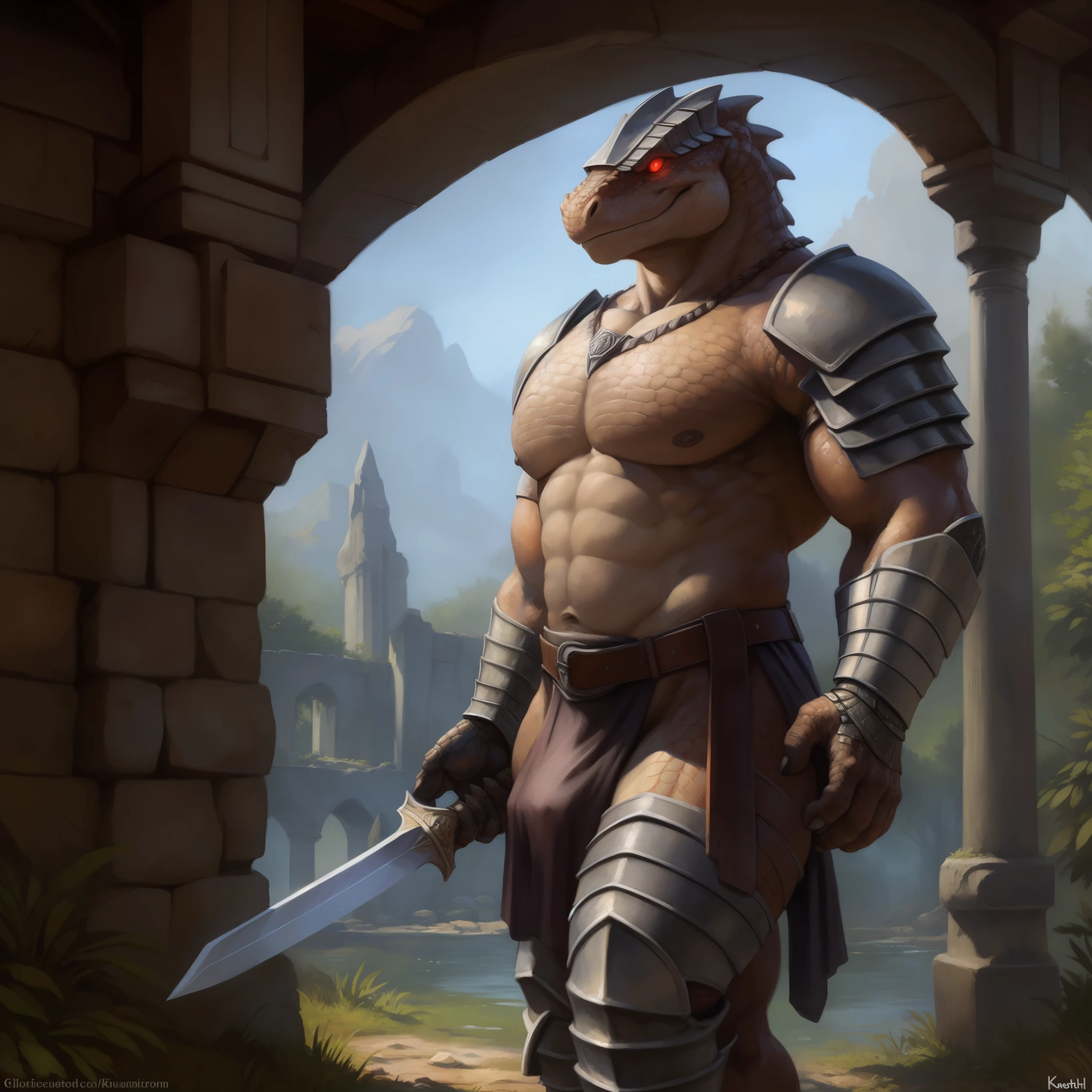 A man in armor holding a sword standing in front of a stone archway ...