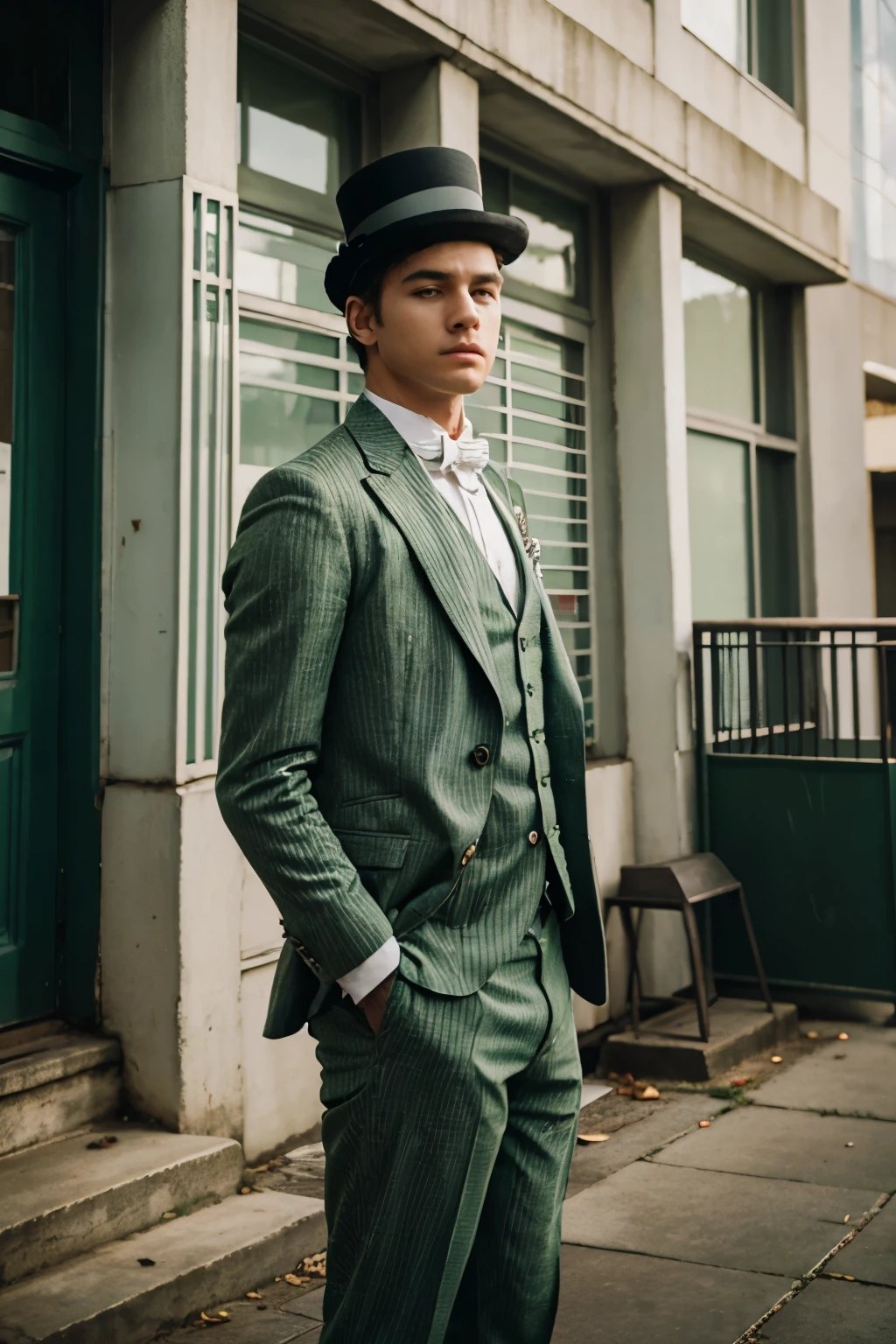 white male in a green striped suit wearing  top hat standing front of school building, intricate, cinematic