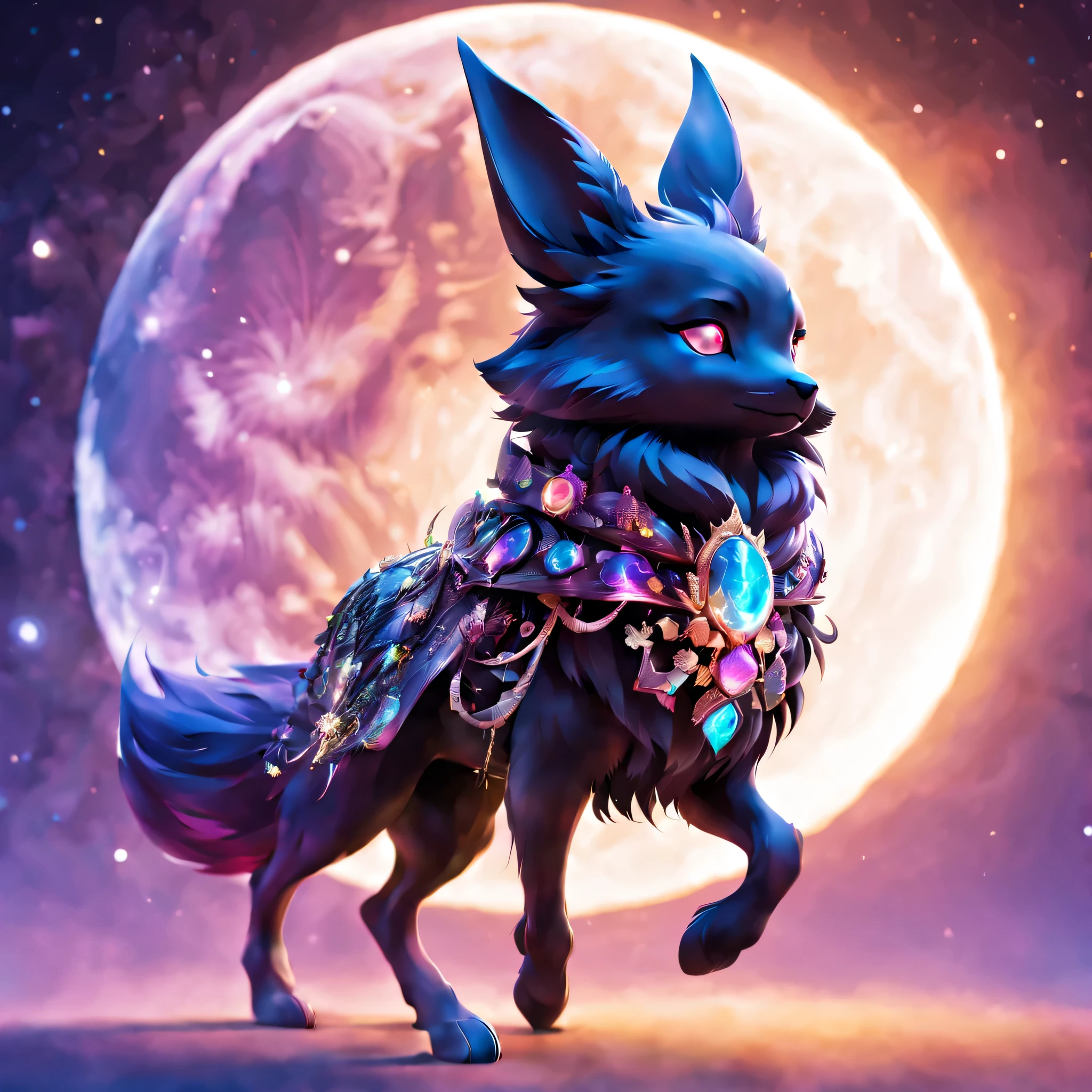 pal world nox,whole body,masterpiece,beautiful light and shadow,Cast colorful spells,rich colors,3D,8K,nice,be familiar with,Night sky background,moon,bipedal walking