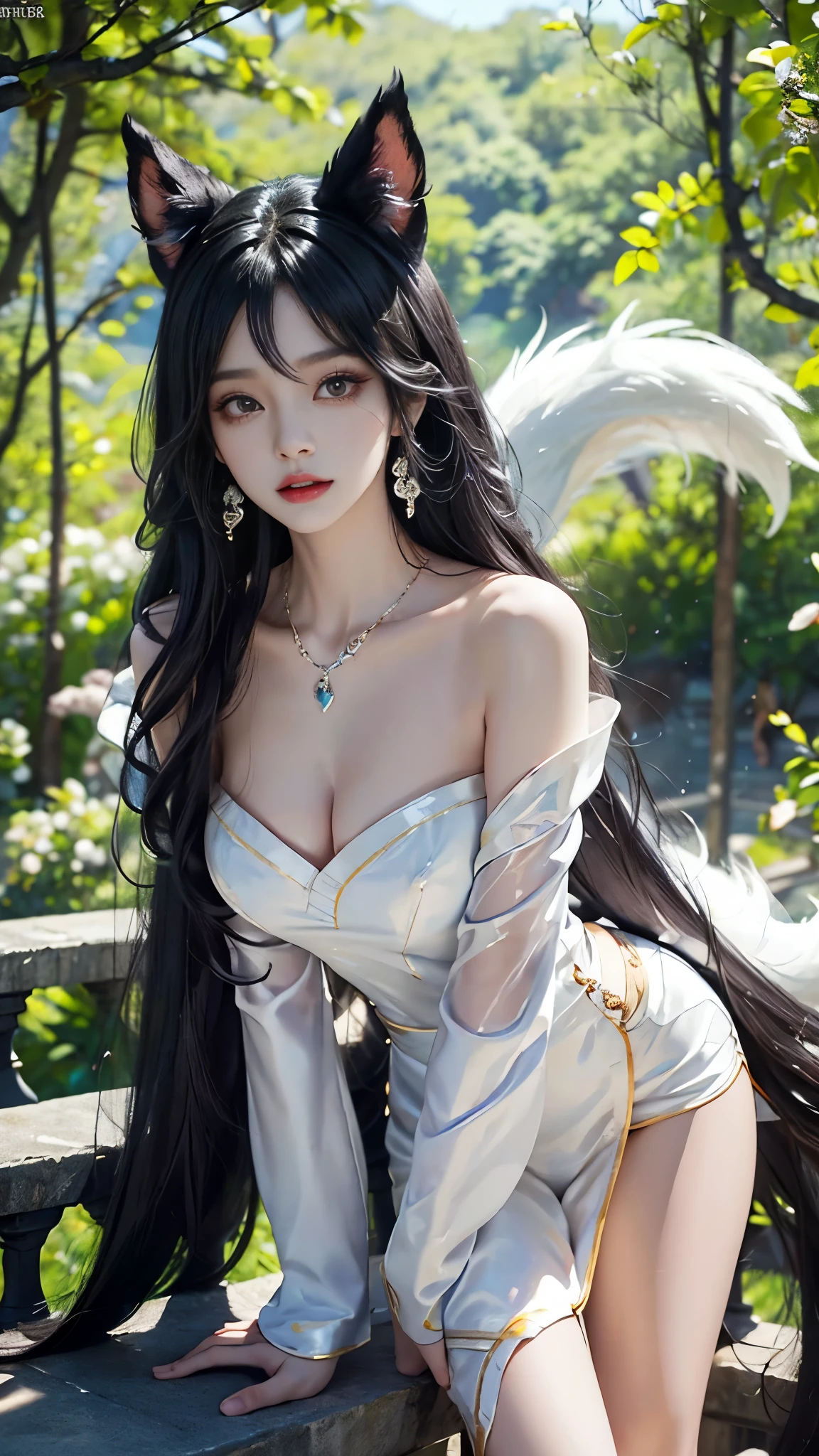 Ahri_Cosplay, White Tails, Black long hair, yellow eyes, ((full body)), ((from below)), yushuxin,1girl,solo, ((Stand up, against the ledge)), ((leaning forward)), ((Clear features, clear faces, clear faces)), red lips, makeup, close-up shot, elegant posture, enticing pose, perfect curves, slim, sexy, big breasts, cleavage, beautiful legs, mesmerizing gaze, biting lips, messy long hair, simple casual scene, extremely detailed, ultra-clear, best quality, official art, exquisite earrings, delicate necklace, extremely detailed description, super fine painting, exquisite features, Elegant, beautiful, hyperfine details, master works, authentic texture, cinematic lighting realism, Masterpiece, best quality