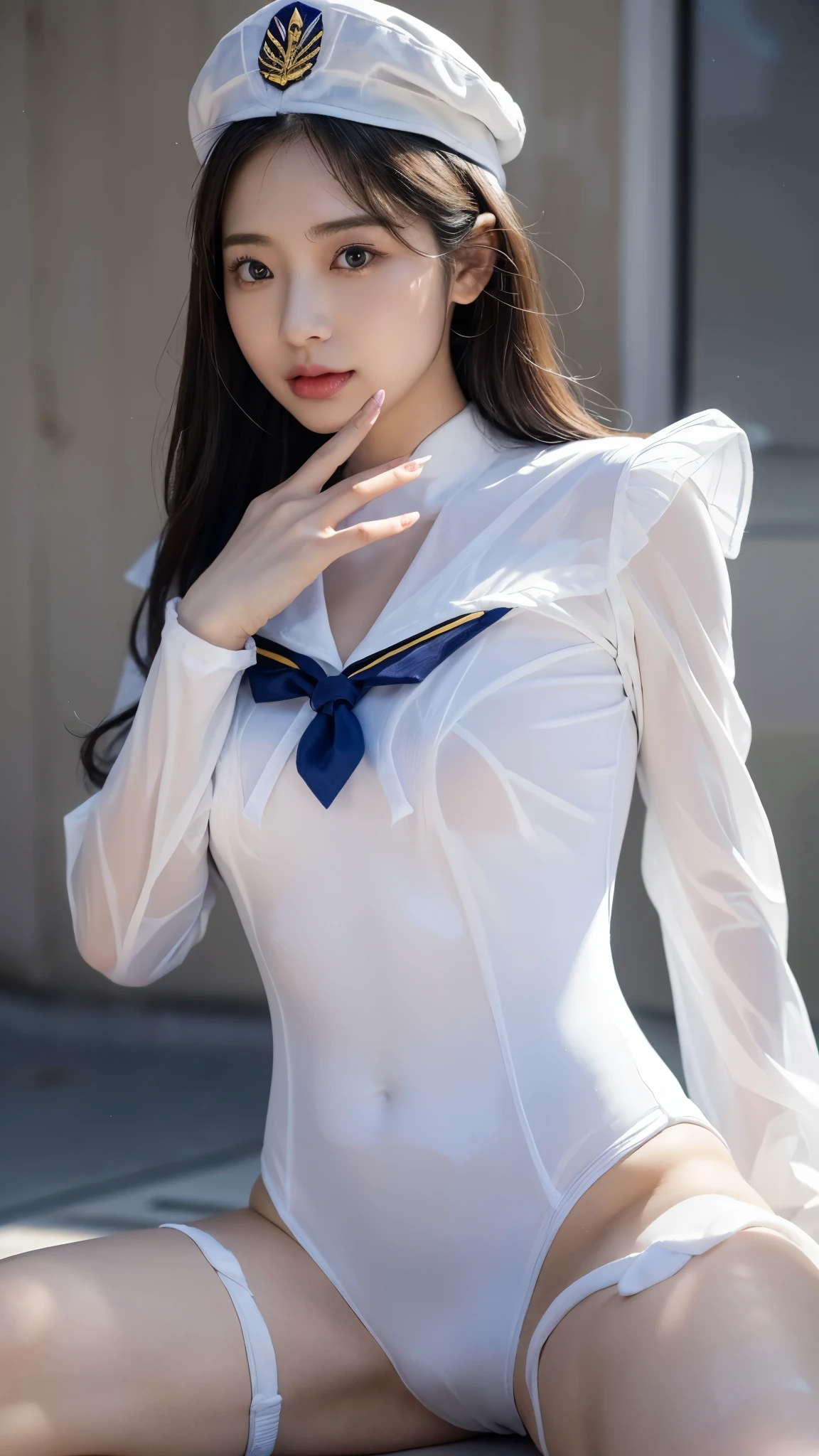 Super beautiful girl、((translucent:1.5))of((Bodysuit that sticks to your skin:1.5))of様な((ピンク色ofセーラー服:1.6))、(sailor color:1.5)、(sailor line ribbon:1.4)、(Sailor hat:1.2)、(spread legs:1.2)、してspread legsして腰を引いて身体を反らし立つ、Place your left hand on your waist and your right hand((Two-fingered:1.2))salute with、((スポットライトof当たるコンサートで舞台of上で:1.6))、8K、highest quality、 High resolution、 活気ofある、 実在of人物、((手of指of正確な数:1.5))、(((Pose with emphasis on the crotch、focus on crotch)))
