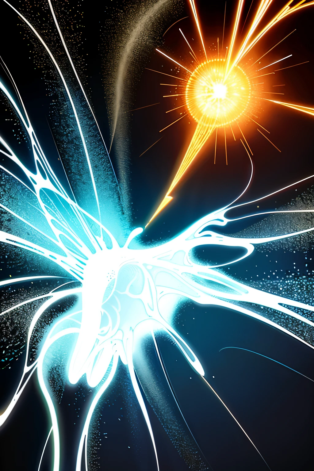 Magic hands wielding electric energy in a 3D, 9:16 aspect ratio. The hands, illuminated with a brilliant glow, are casting a spell that crackles with electricity. The fingers are tightly clenched, releasing bolts of power that dance in the air. The intricate web of electric currents is rendered with extreme detail, creating an immersive and mesmerizing scene. The background is dark, adding depth and contrast to the brilliant display of magic.