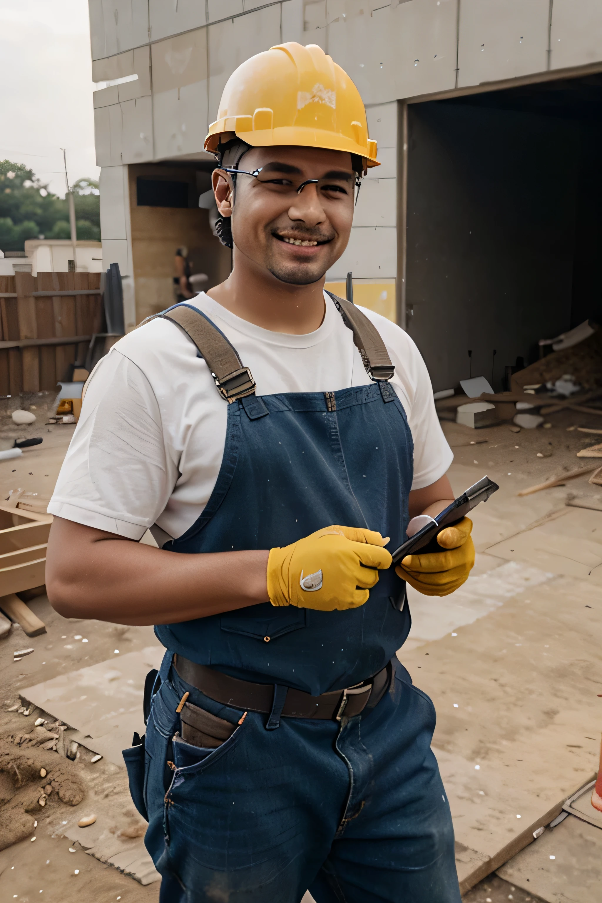 Photo of a mason working in civil construction, happy, with safety gear, using cellphone, in a work field