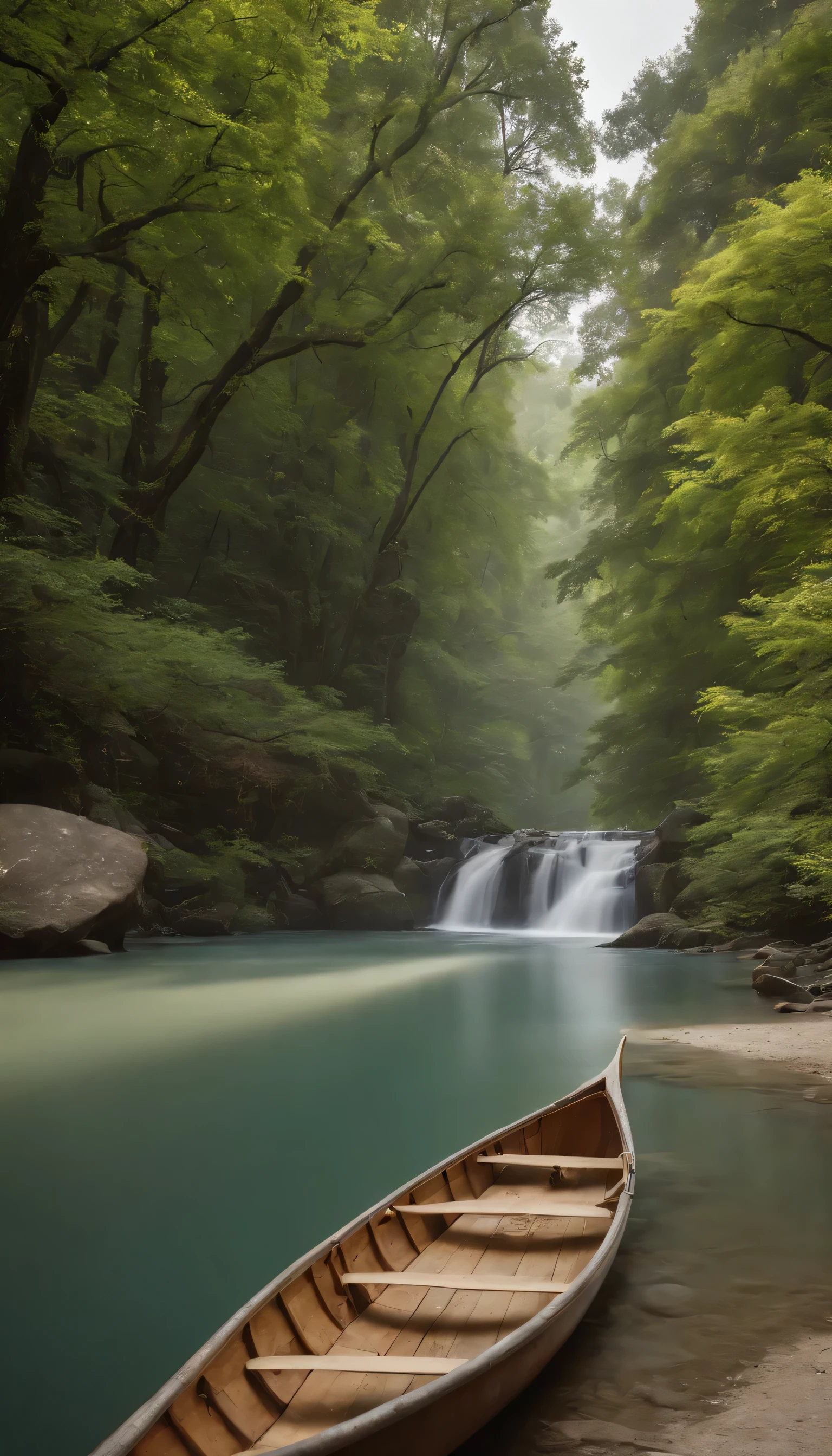 (Highly detailed CG Unity 8K wallpaper、masterpiece、highest quality、Super detailed)、(best lighting、best shadow、very delicate and beautiful)highest quality、8K、Detailed facial depiction、masterpiece、highest quality、clear image quality、Photo of a canoe crossing an old bridge