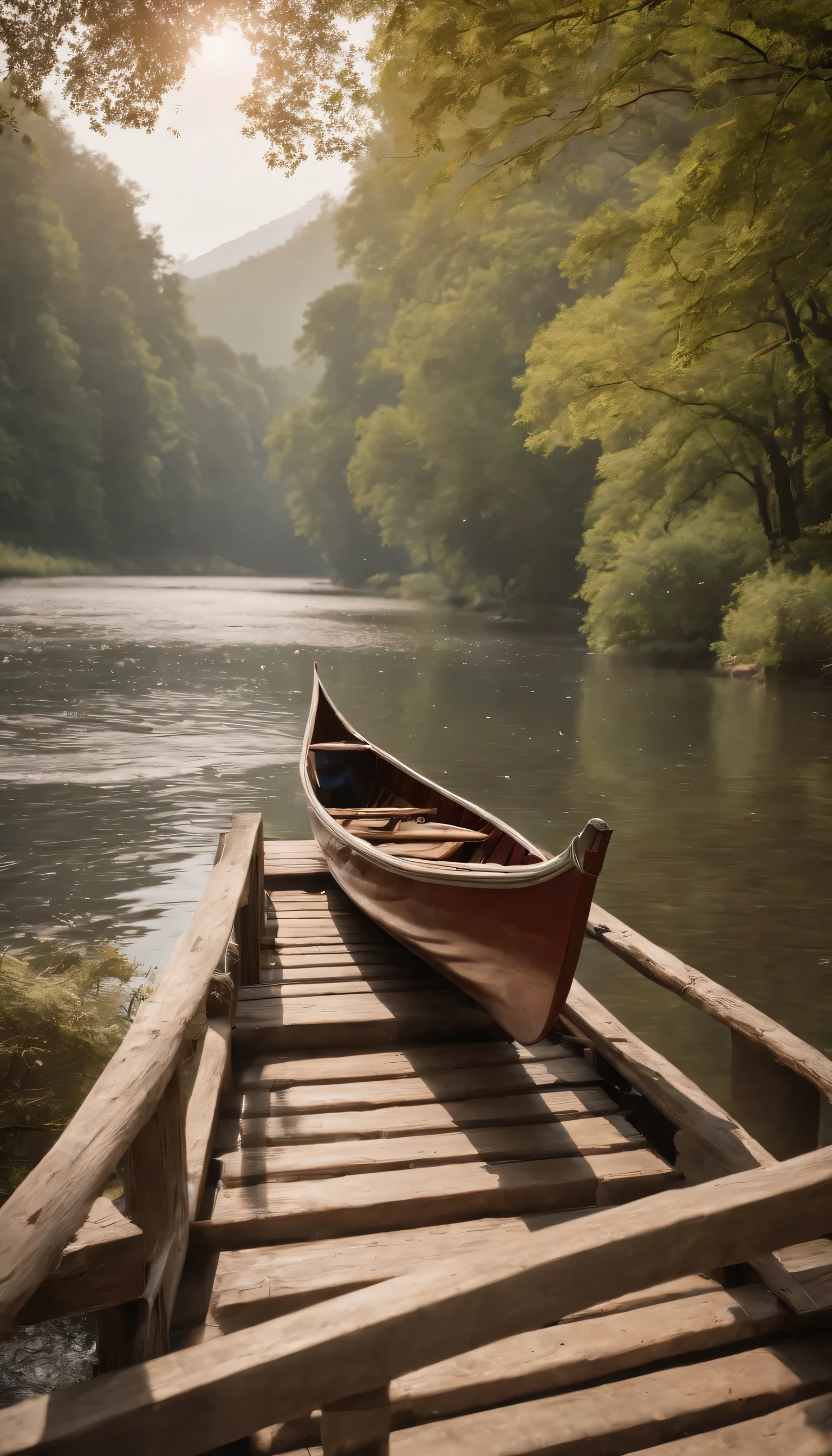 (Highly detailed CG Unity 8K wallpaper、masterpiece、highest quality、Super detailed)、(best lighting、best shadow、very delicate and beautiful)highest quality、8K、Detailed facial depiction、masterpiece、highest quality、clear image quality、Photo of a canoe crossing an old bridge