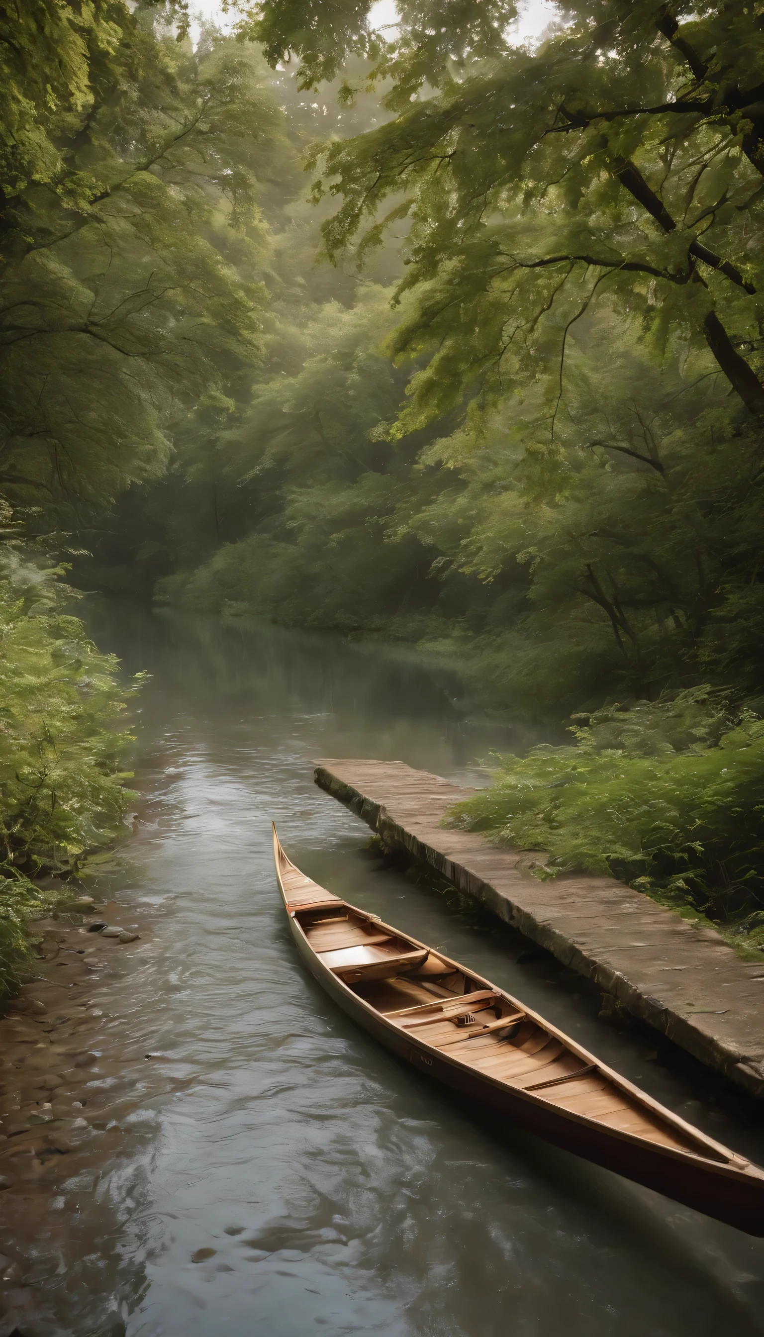 (Highly detailed CG Unity 8K wallpaper、masterpiece、highest quality、Super detailed)、(best lighting、best shadow、very delicate and beautiful)highest quality、8K、Detailed facial depiction、masterpiece、highest quality、clear image quality、Photo of a canoe crossing an old bridge