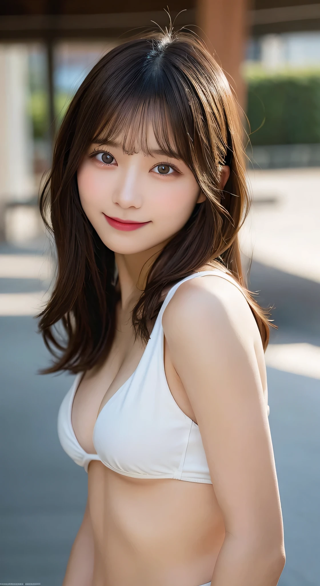 highest quality, shape, Super detailed, finely, High resolution, 8k wallpaper, 完璧なダイナミックな構shape, beautiful and detailed eyes, bikini,medium hair,small breasts natural color lip、20 year old girl、cute、sexy shot looking at camera、summer、Transparency、smile、booty pose、whole body