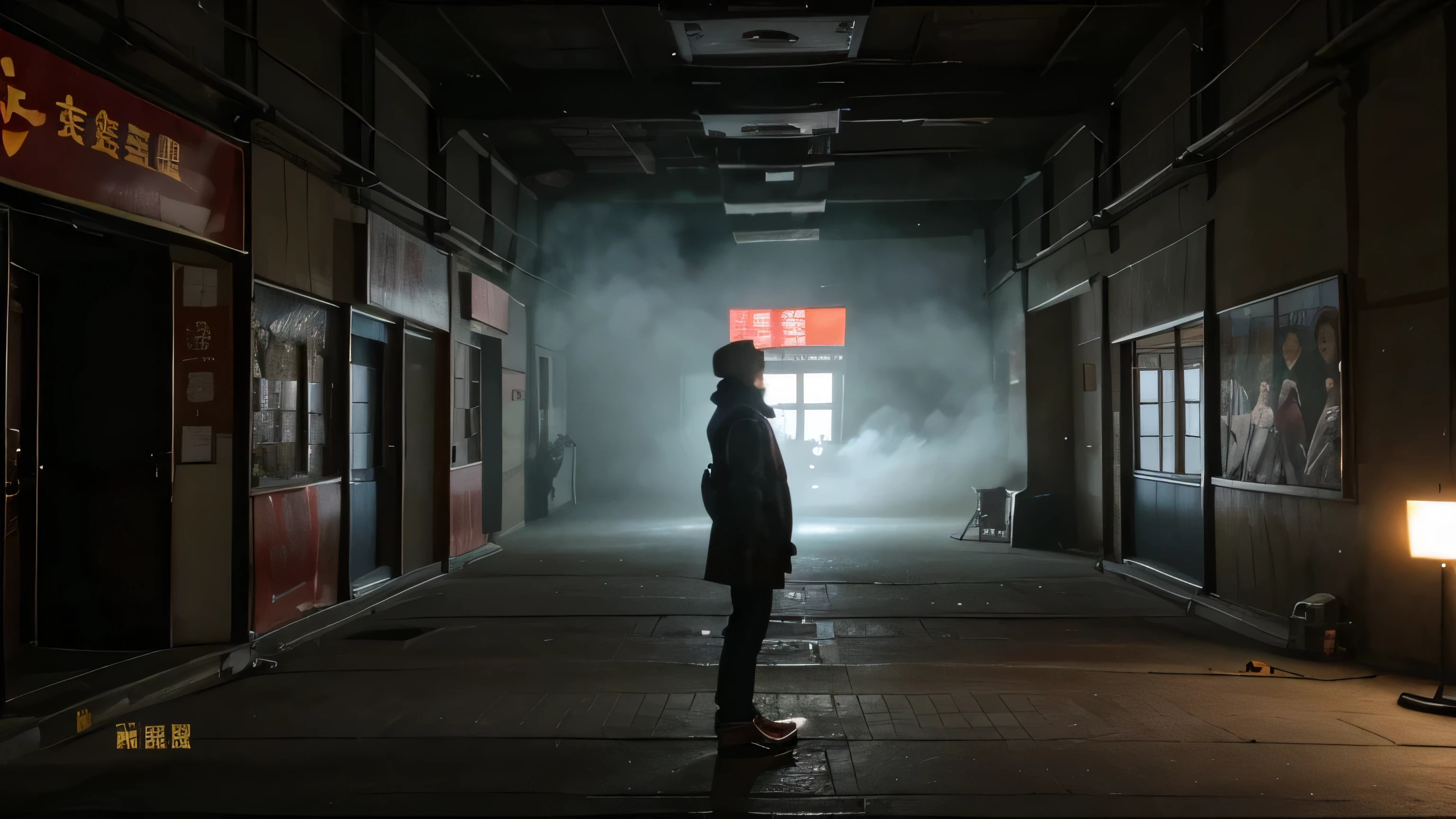 night,前方是特别高的英式vintage建筑,surrounded by buildings,The building is covered with huge posters,Dream,no lights,no characters,vintage,FOG,Blame the core
