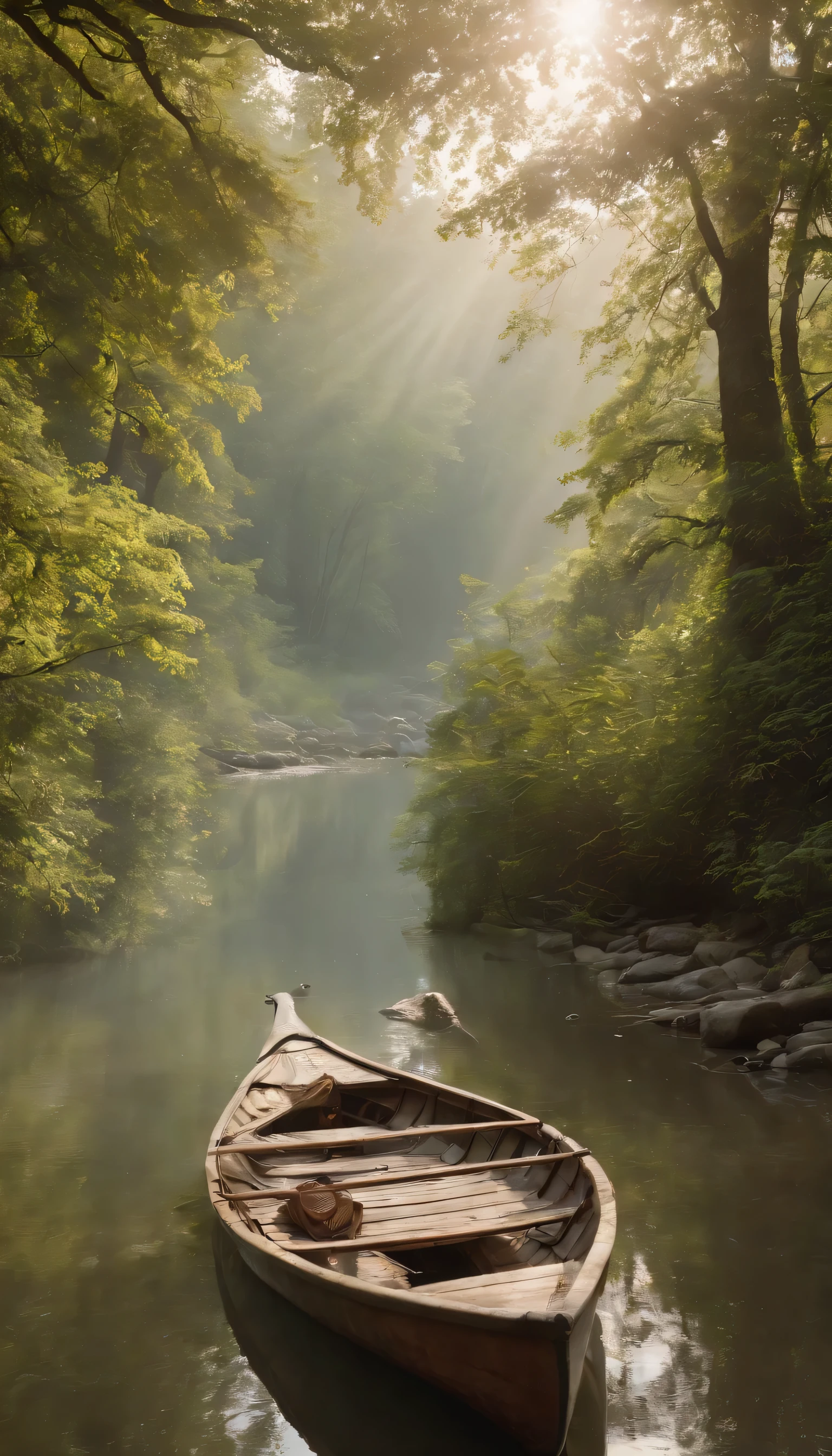 (Highly detailed CG Unity 8K wallpaper、masterpiece、highest quality、Super detailed)、(best lighting、best shadow、very delicate and beautiful)highest quality、8K、Detailed facial depiction、masterpiece、highest quality、clear image quality、Photo of a canoe crossing an old bridge