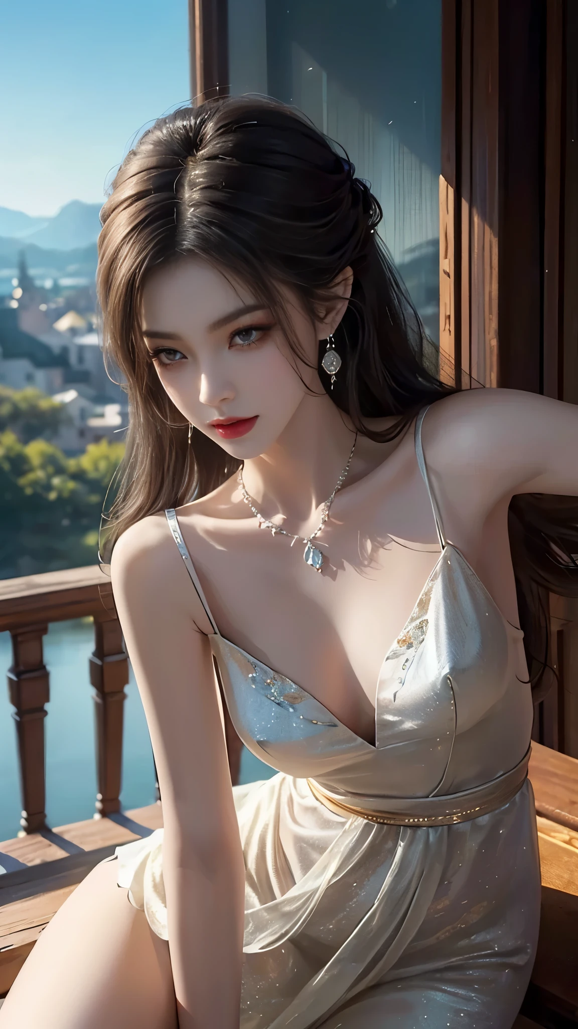 ((full body)), ((from below)), yushuxin,1girl,solo, ((Stand up, against the ledge)), ((leaning forward)), ((Clear features, clear faces, clear faces)), red lips, makeup, close-up shot, elegant posture, enticing pose, perfect curves, slim, sexy, big breasts, cleavage, beautiful legs, mesmerizing gaze, biting lips, messy long hair, simple casual scene, extremely detailed, ultra-clear, best quality, official art, exquisite earrings, delicate necklace, extremely detailed description, super fine painting, exquisite features, Elegant, beautiful, hyperfine details, master works, authentic texture, cinematic lighting realism, Masterpiece, best quality