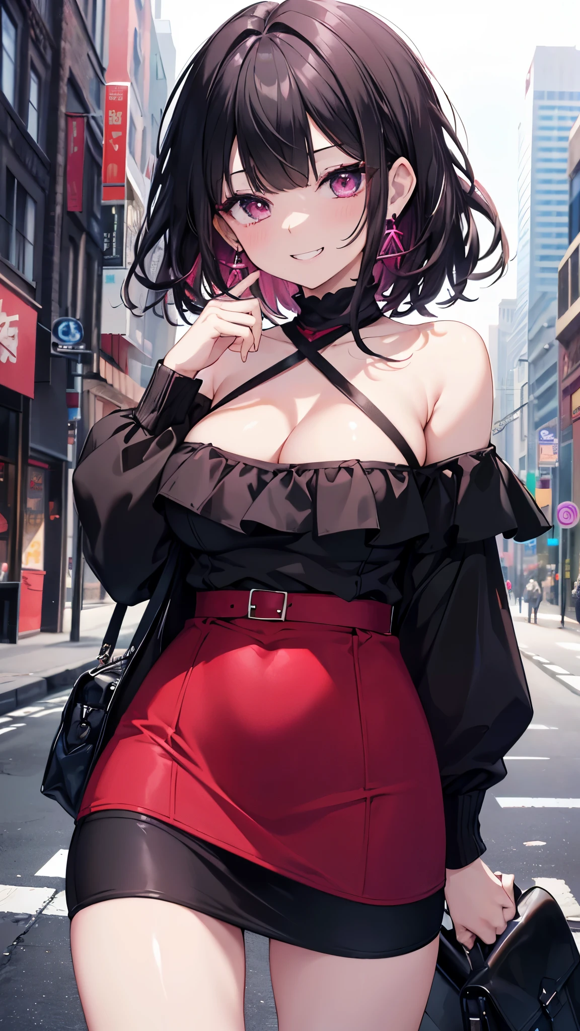 (8K、best image quality、highest quality、masterpiece)、detailed face、black hair、medium hair、diagonal bangs、maroon eyes、evil small、((grin))、pink lip、earrings、big breasts、cleavage、red off shoulder knit、strapless、black pencil skirt、cowboy shot、city background