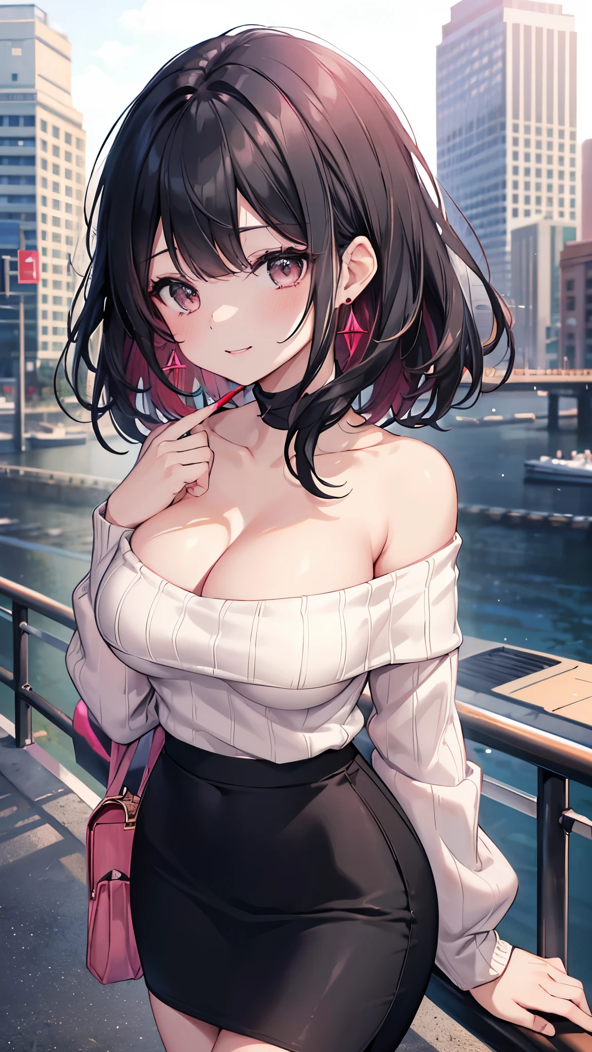(8K、best image quality、highest quality、masterpiece)、detailed face、black hair、medium hair、diagonal bangs、gray eyes、smile、pink lip、earrings、big breasts、cleavage、((red off shoulder knit))、strapless、long sleeve、((black pencil skirt))、thighs、cowboy shot、city background