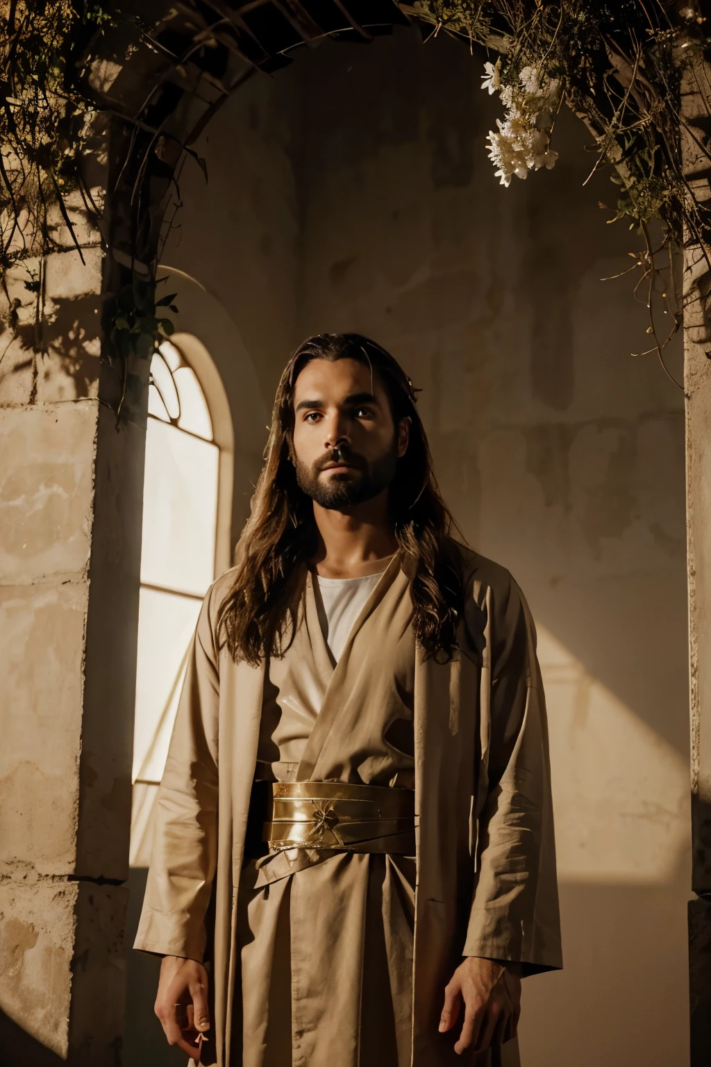 Seth Rollins como Jesus Cristo, concentre-se nos detalhes of the face, parecido com Seth Rollins, wearing long beige robe of Jesus, Bible Jesus Style, Imagem realista, fundo da imagem do jardim celestial com animais e flores, melhor qualidade, 8k, concentre-se nos detalhes.