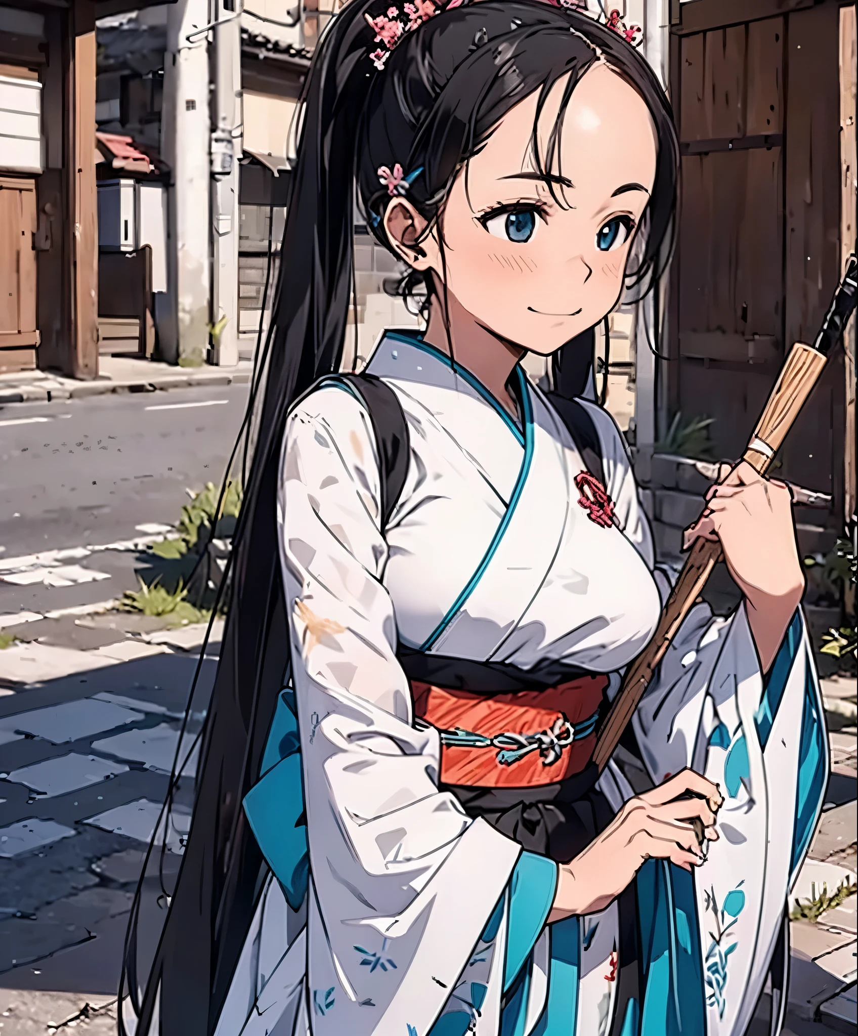 (masterpiece), (highest quality), ultra high resolution, sharp focus, ((1 female, alone)), Upper body, Hatsune Miku,beat the Japanese drum,hakama,Sarashi,Standing in honor, perfect feminine face,cobblestone,beautiful breasts,A sly smile