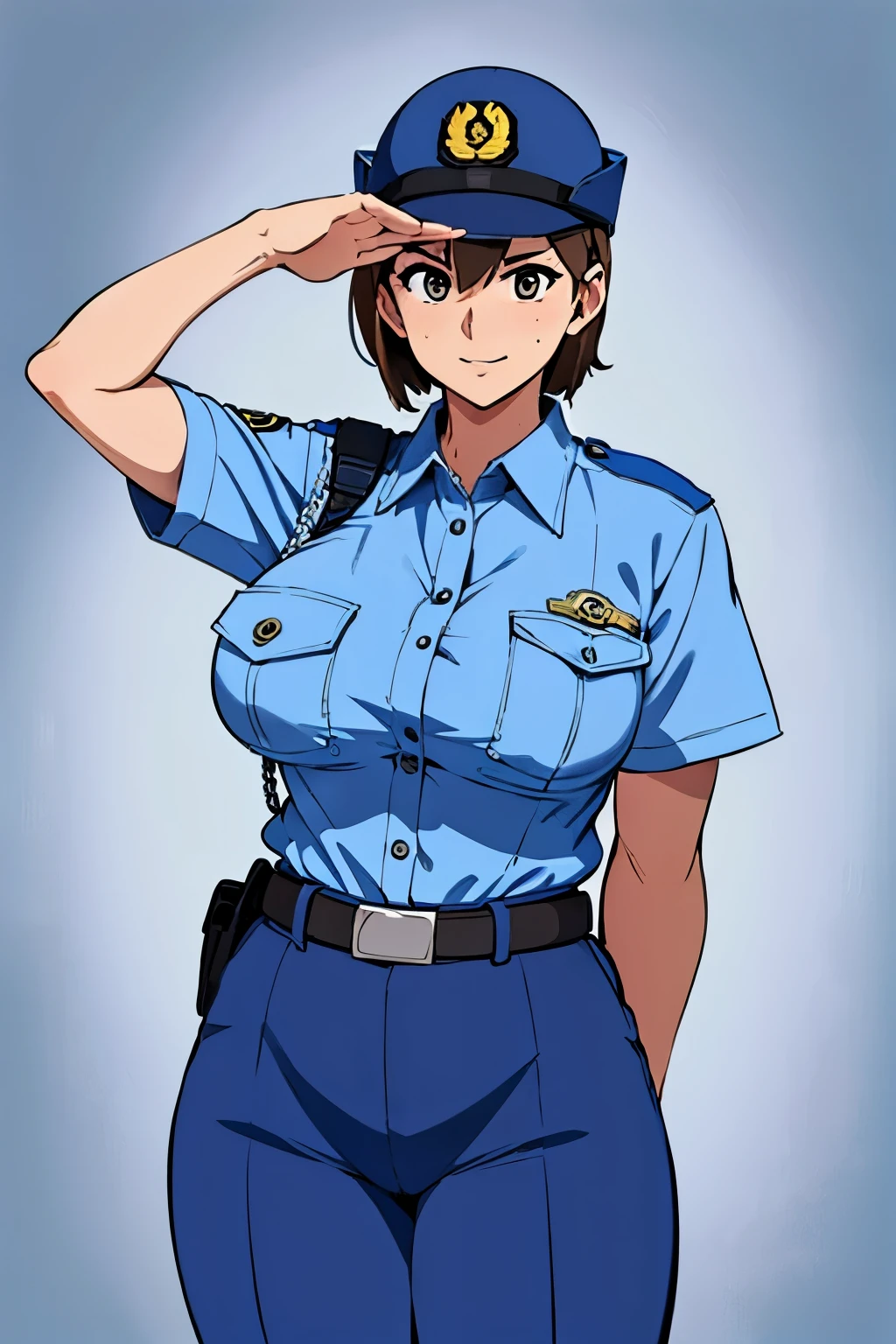 large breast,police uniform, light blue shirt, blue pants, breast pocket, best quality, masterpiece,blue cap,black belt,policewoman,jp-police,brown hair,nsfw