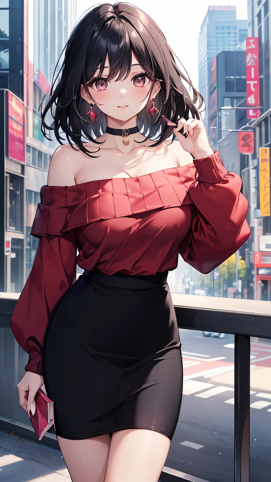 (8K、best image quality、highest quality、masterpiece)、detailed face、black hair、medium hair、swept bangs、gray eyes、smile、pink lip、earrings、big breasts、cleavage、((red off shoulder knit:1.2))、strapless、long sleeve、((black pencil skirt))、thighs、cowboy shot、city background