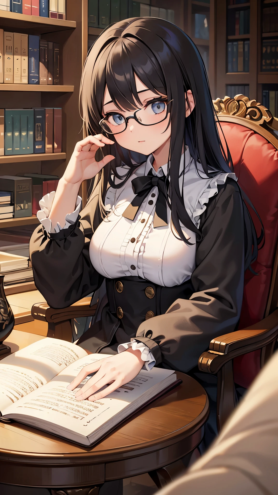 masterpiece, best quality, ultra detailed, 8k, 4k, half body, cowboy, highly detailed, detailed face, detailed background, portrait, detailed landscape, dynamic pose, perfect lighting, best quality, 1girl, solo, long hair, breasts, looking at viewer, Library alcove, shelves of books, soft reading light, cozy armchair, girl lost in a novel, glasses perched, tea on a side table, quiet rustle of pages, literary escape, contemplative ambiance.
looking at viewer, masterpiece, best quality, high resolution, unity 8k wallpaper, illustration, beautiful detailed eyes, extremely detailed face, perfect lighting, extremely detailed CG, perfect hands, perfect anatomy,