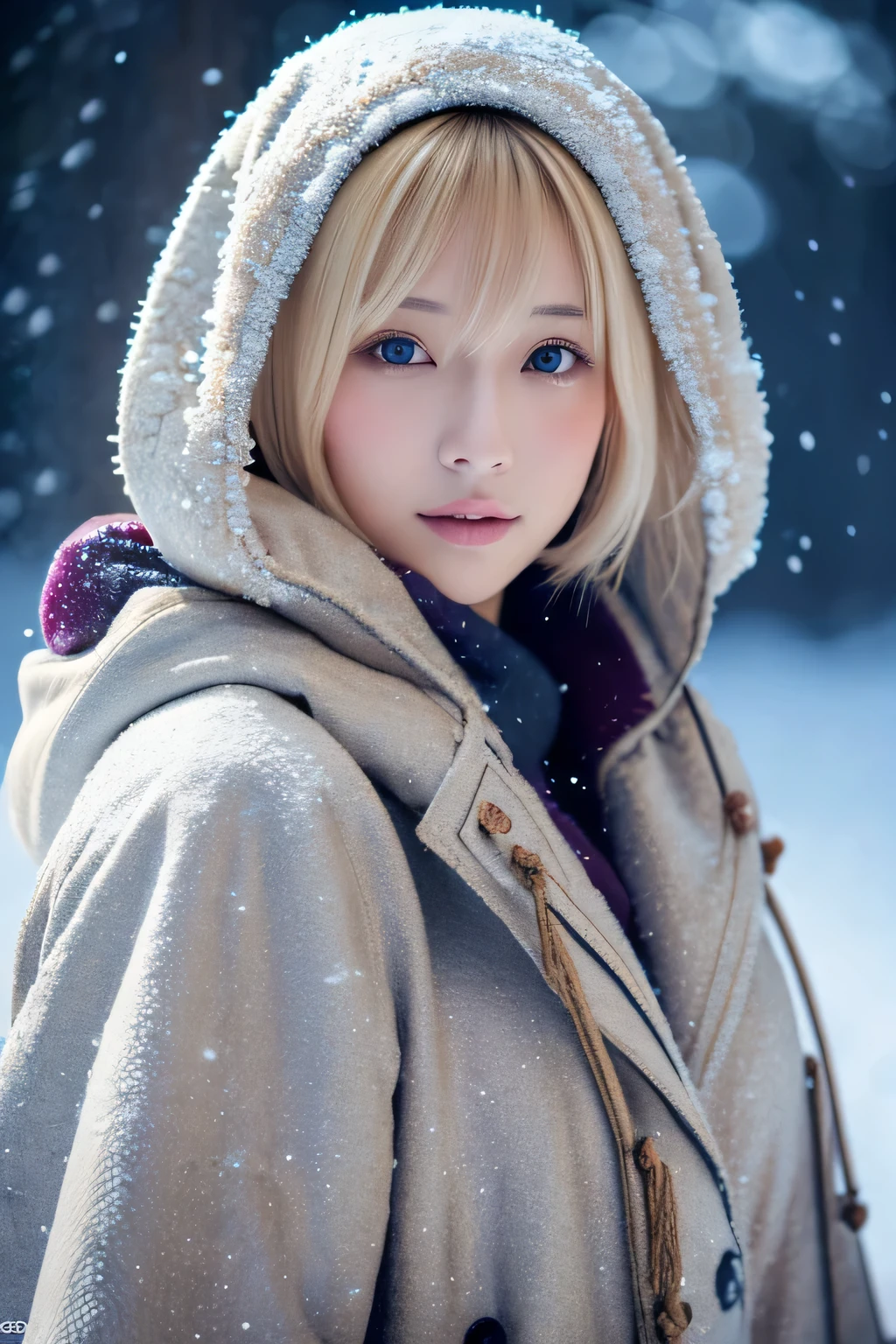 japanese woman,in the snow,Hooded,short hair,blonde,For a long time (masterpiece, highest quality, High resolution: 1.4), intricate details,4K,
